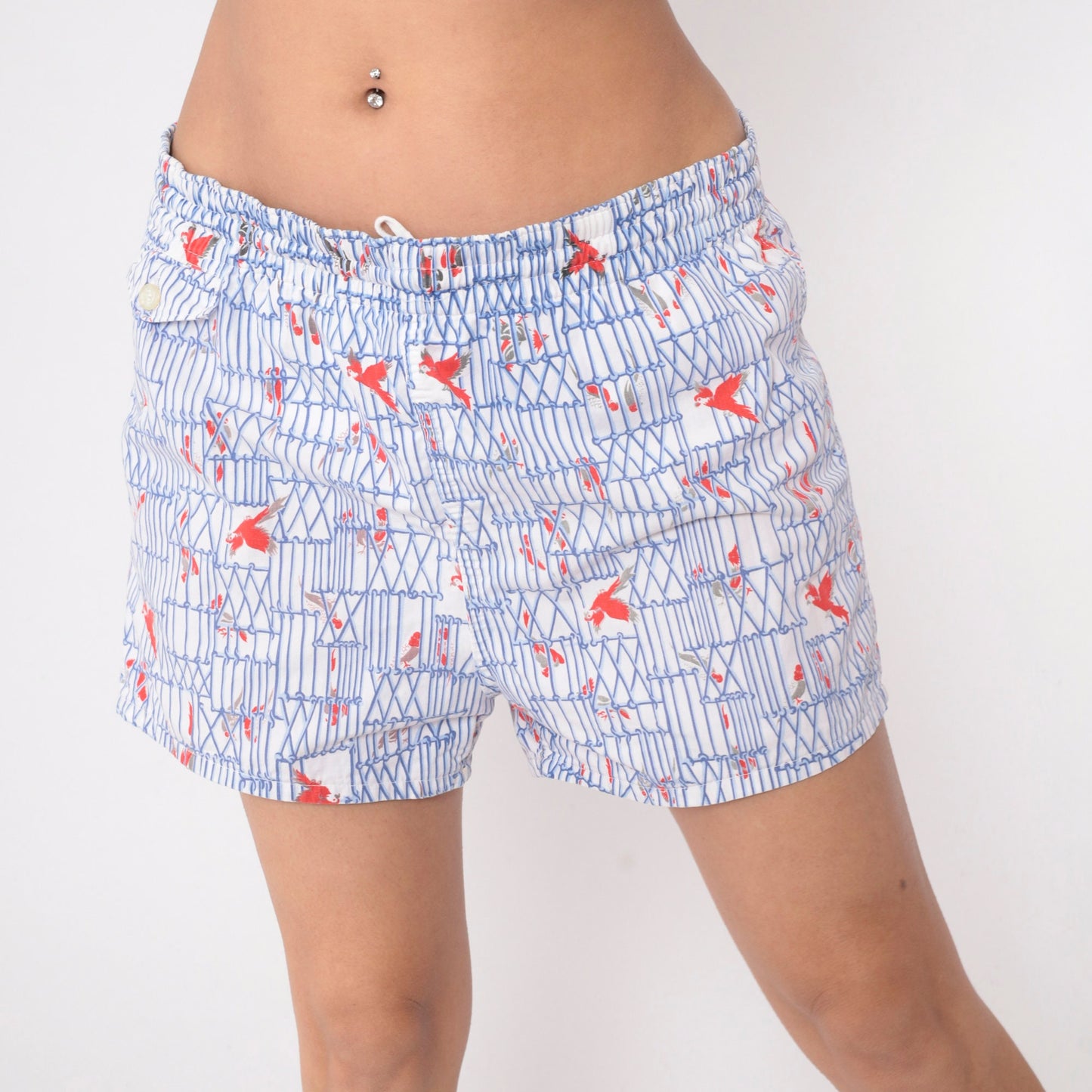 80s Bird Cage Parrot Swim Shorts White Blue Novelty Print Men's Medium