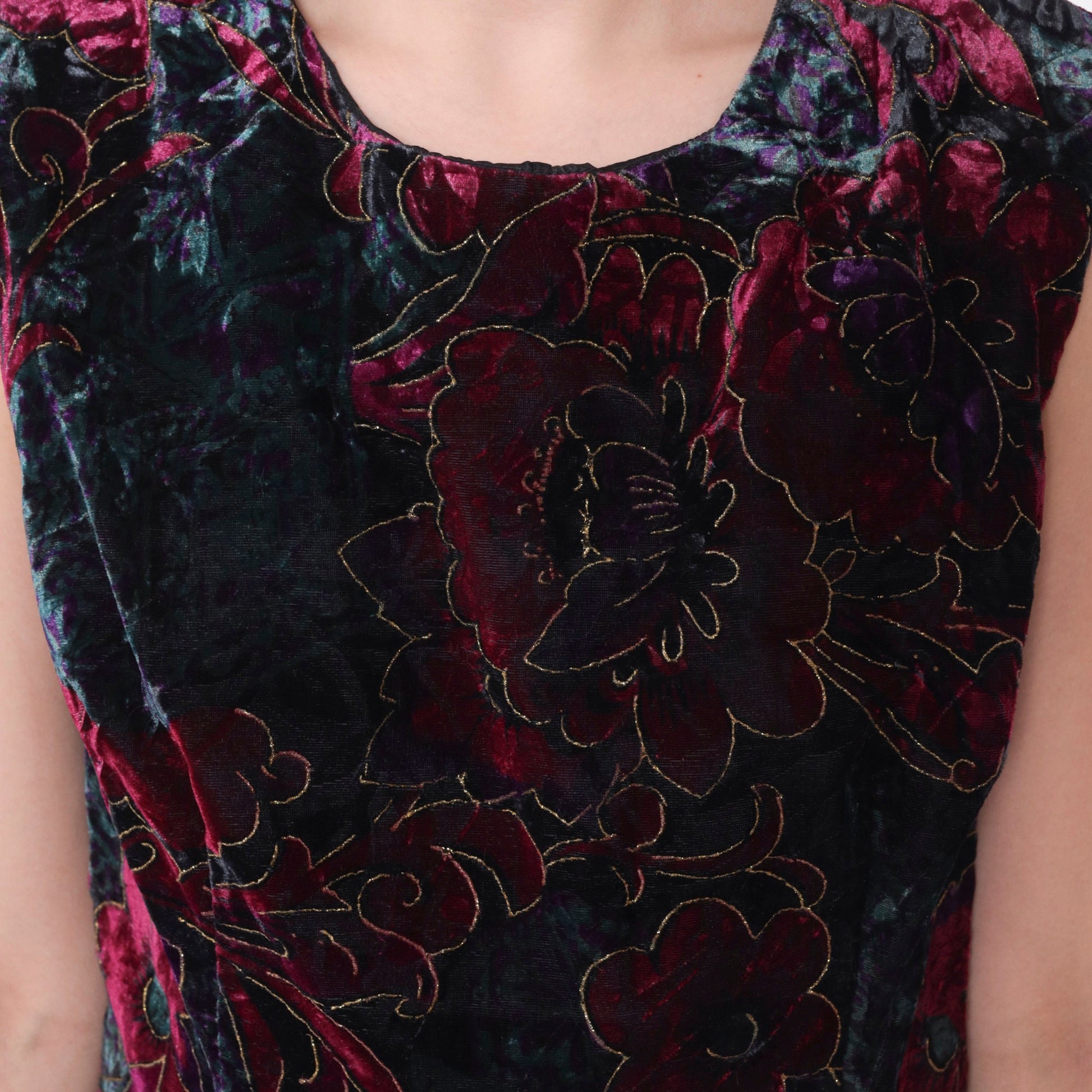 90s Velvet Floral Metallic Mini Dress Sleeveless Shift Jewel Tone Medium