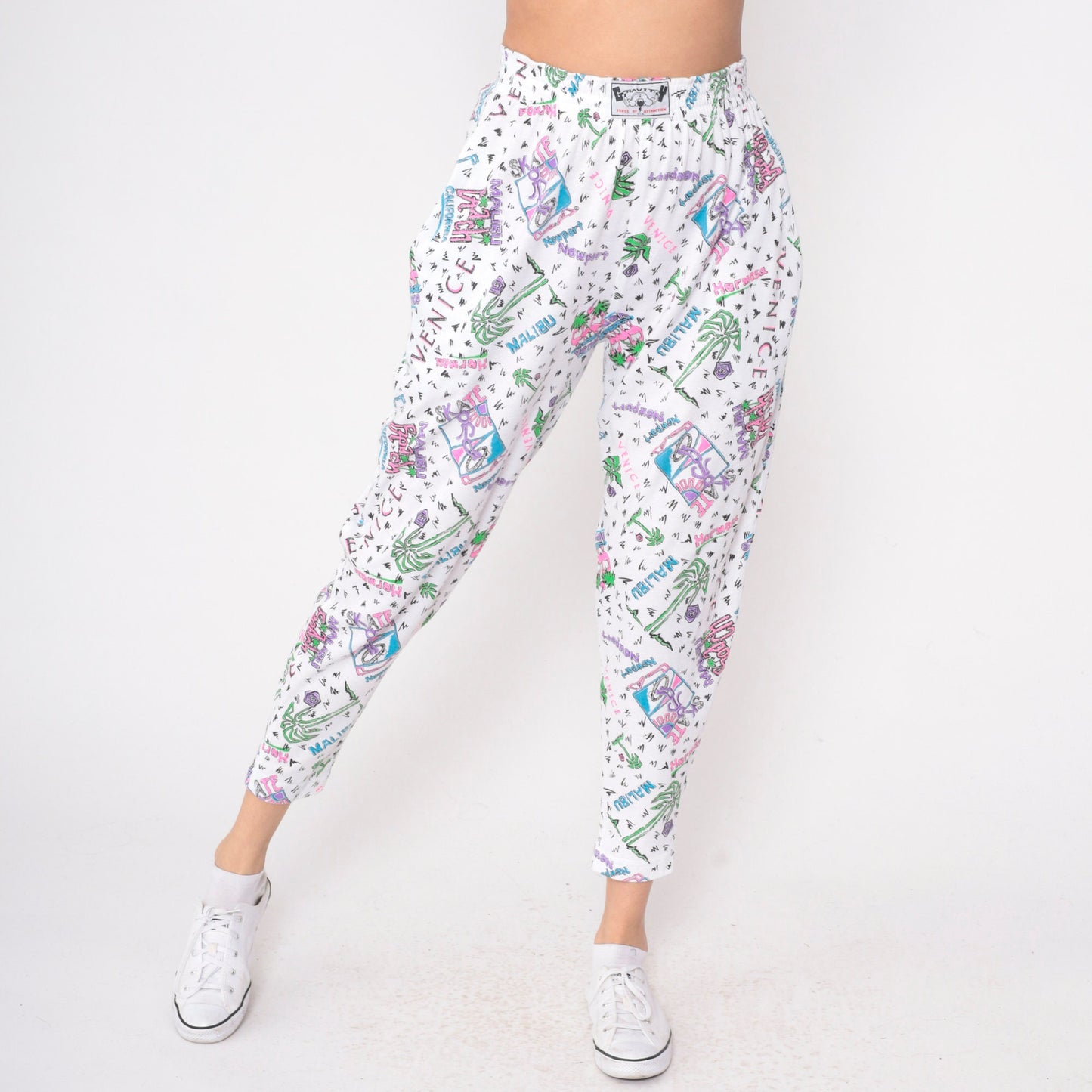 90s Gravity Los Angeles Beach Parachute Pants White Palm Tree Flamingo Small