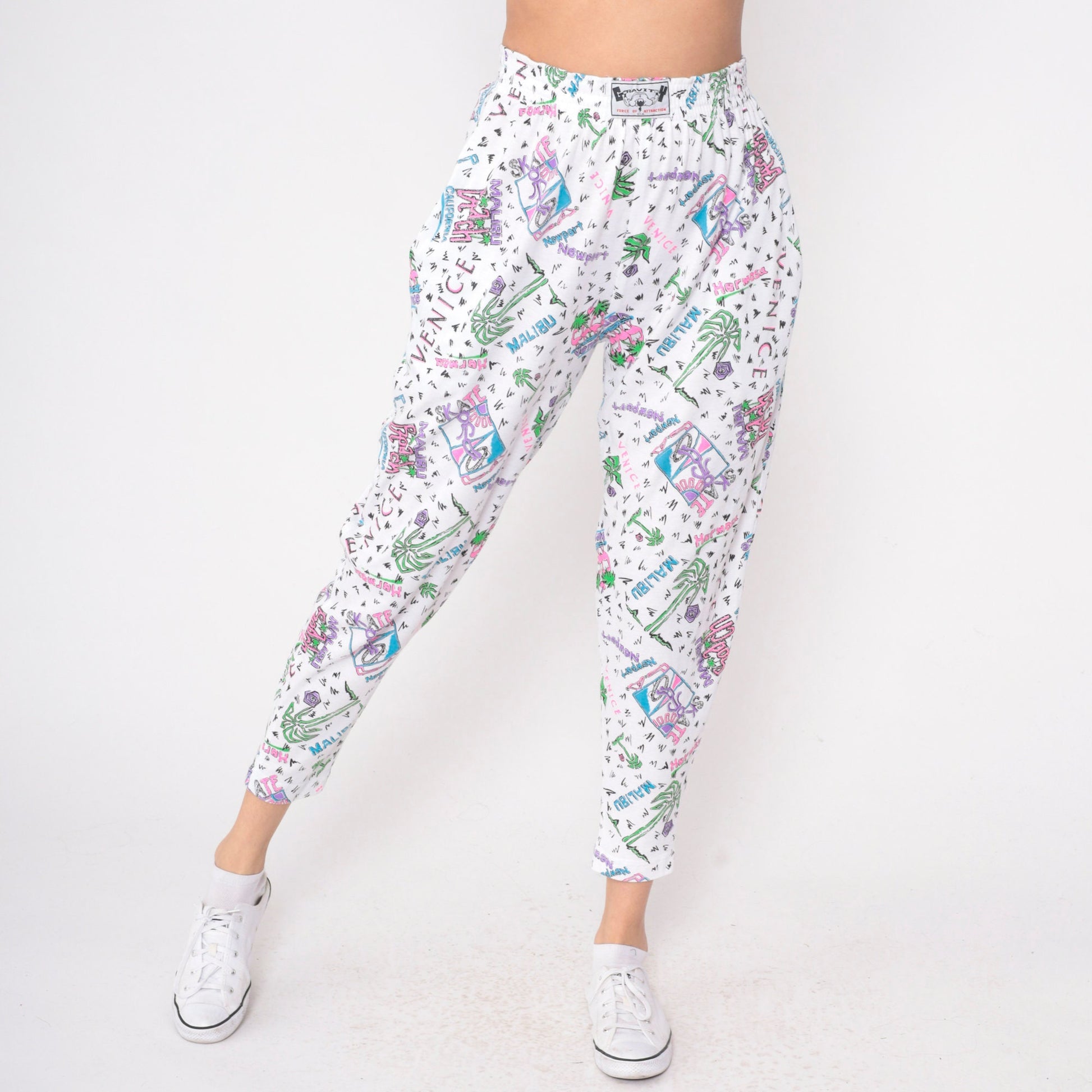 90s Gravity Los Angeles Beach Parachute Pants White Palm Tree Flamingo Small