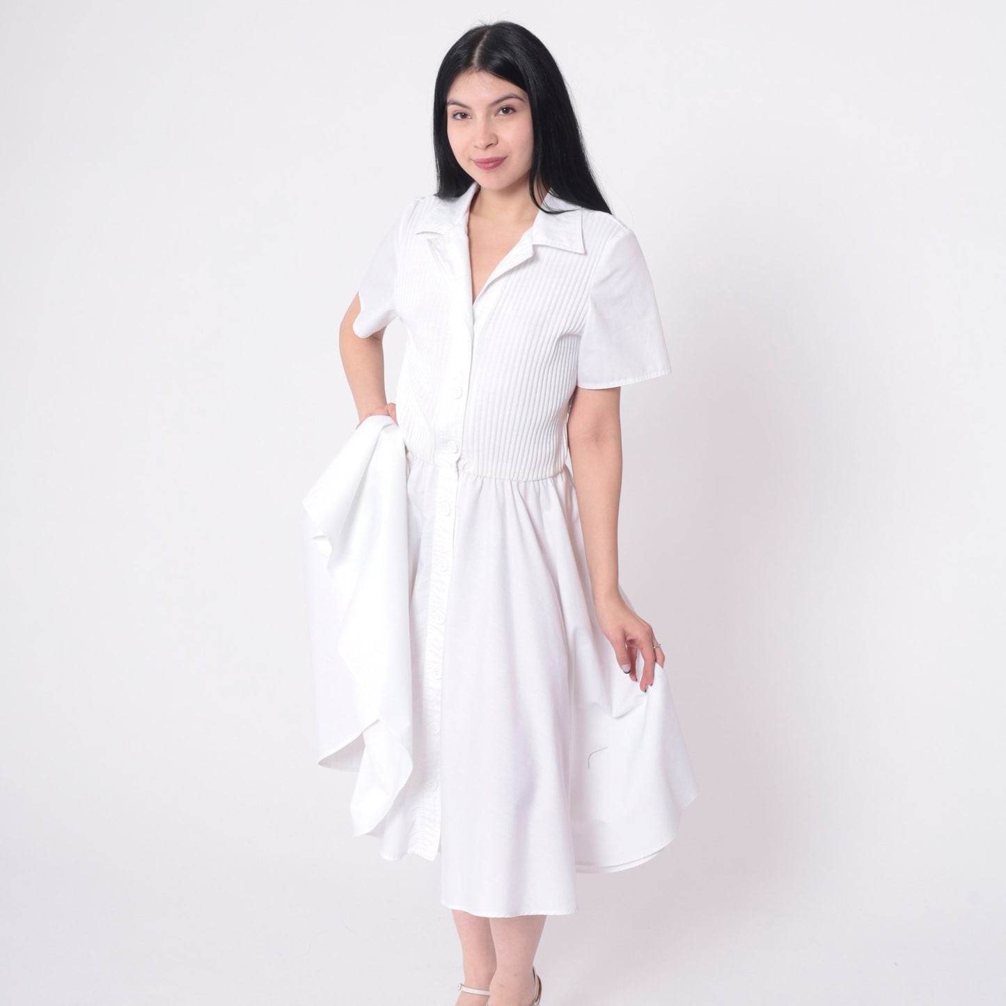 80s White Ribbed Knit Button-Up Shirtdress Elastic Waist Midi Small Medium