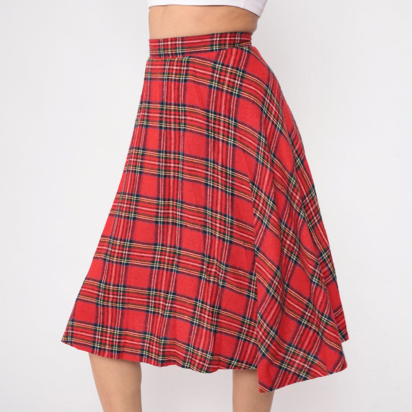 70s Red Plaid Midi Skirt High Waisted A-Line Tartan Small S