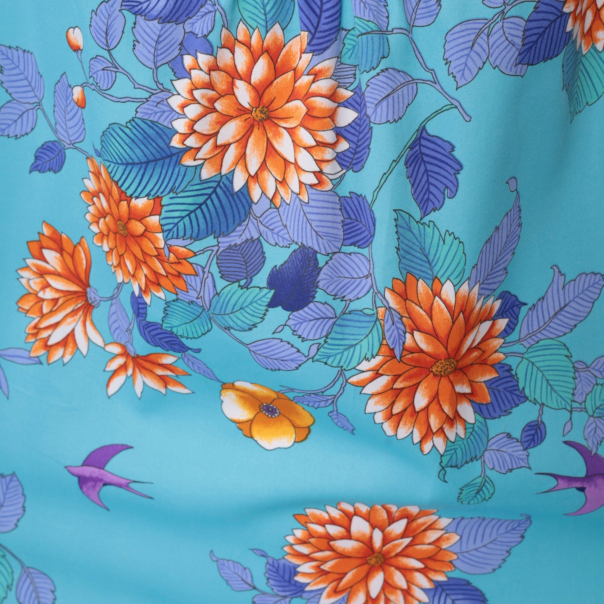 70s Blue Floral Mini Dress Tropical Print Flutter Sleeve Shift Small