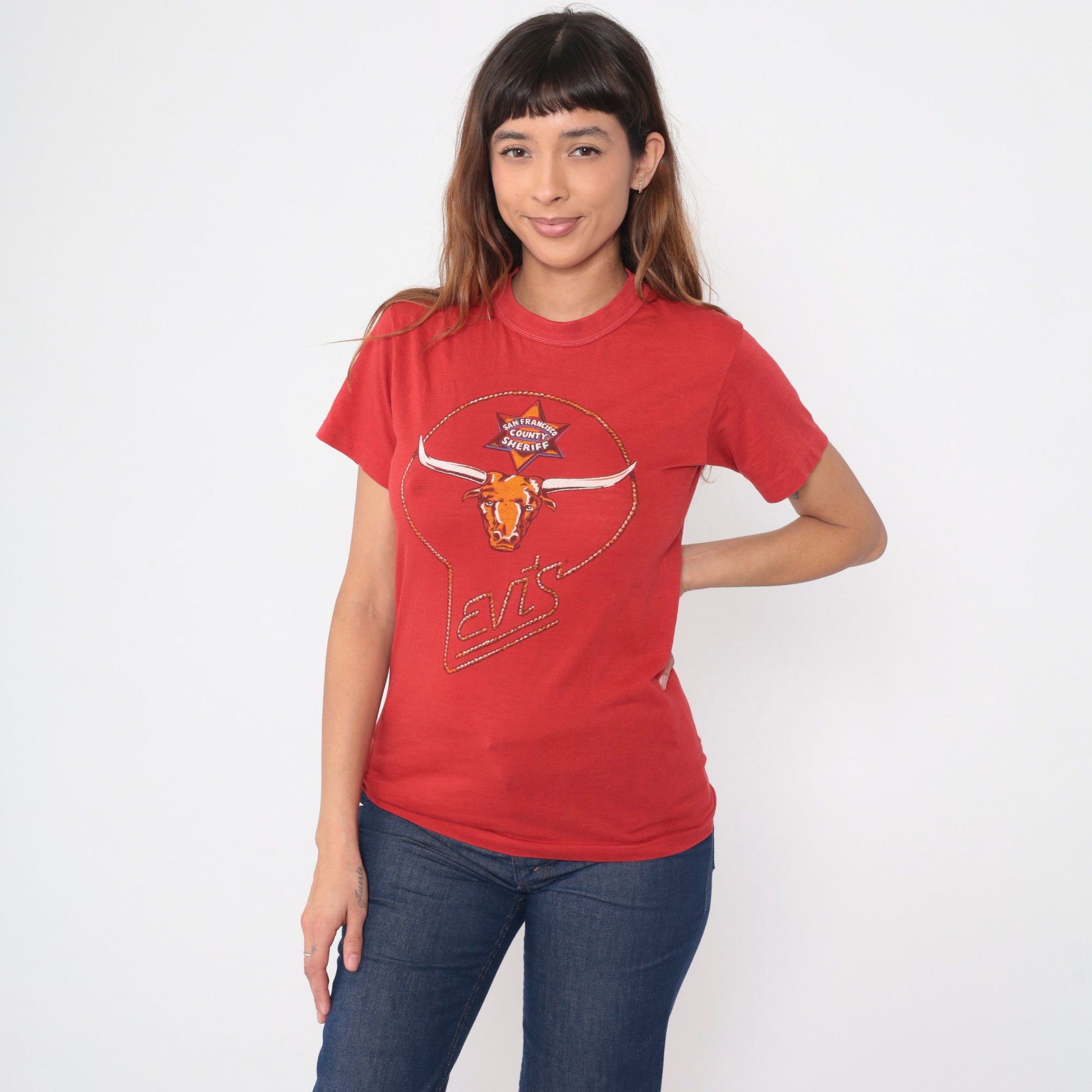 70s Levi's San Francisco County Sheriff Longhorn Graphic T-Shirt Red Extra Small