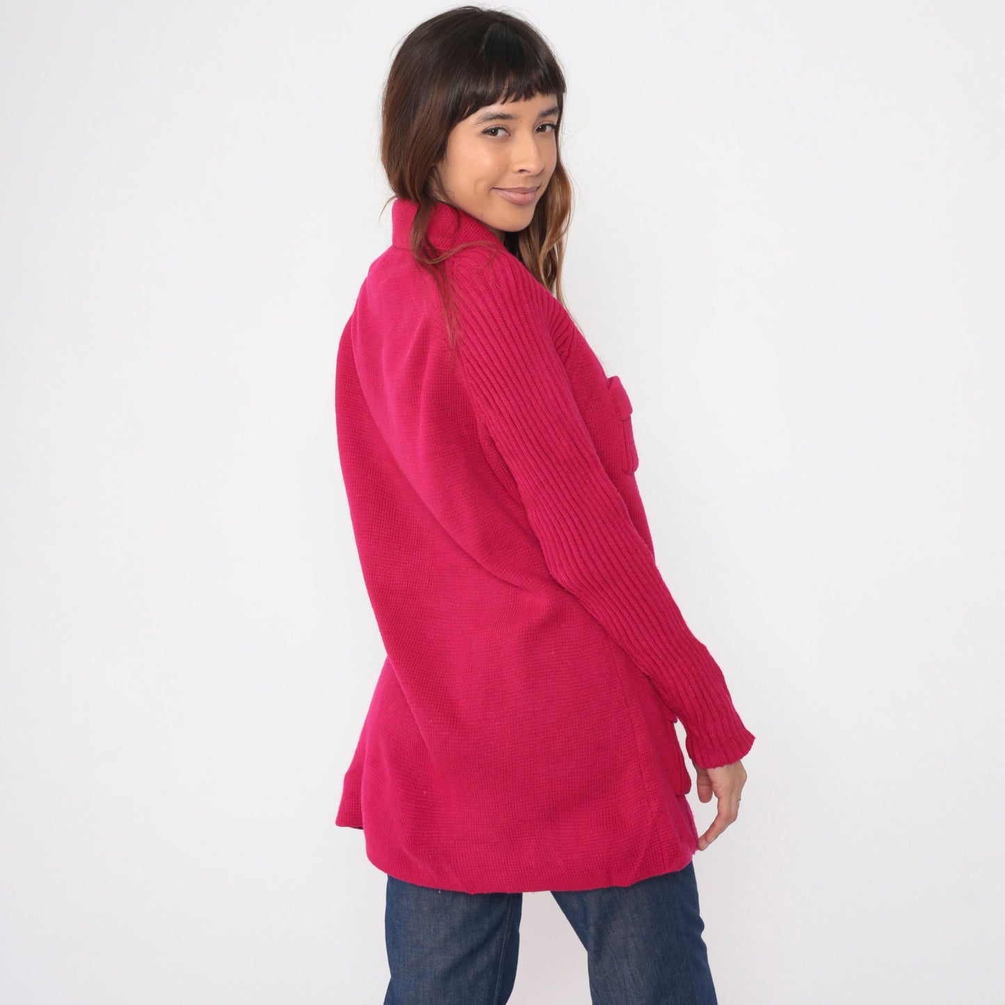 70s Fuchsia Cardigan Sweater Raglan Sleeve Ribbed Knit Gold Buttons Large L
