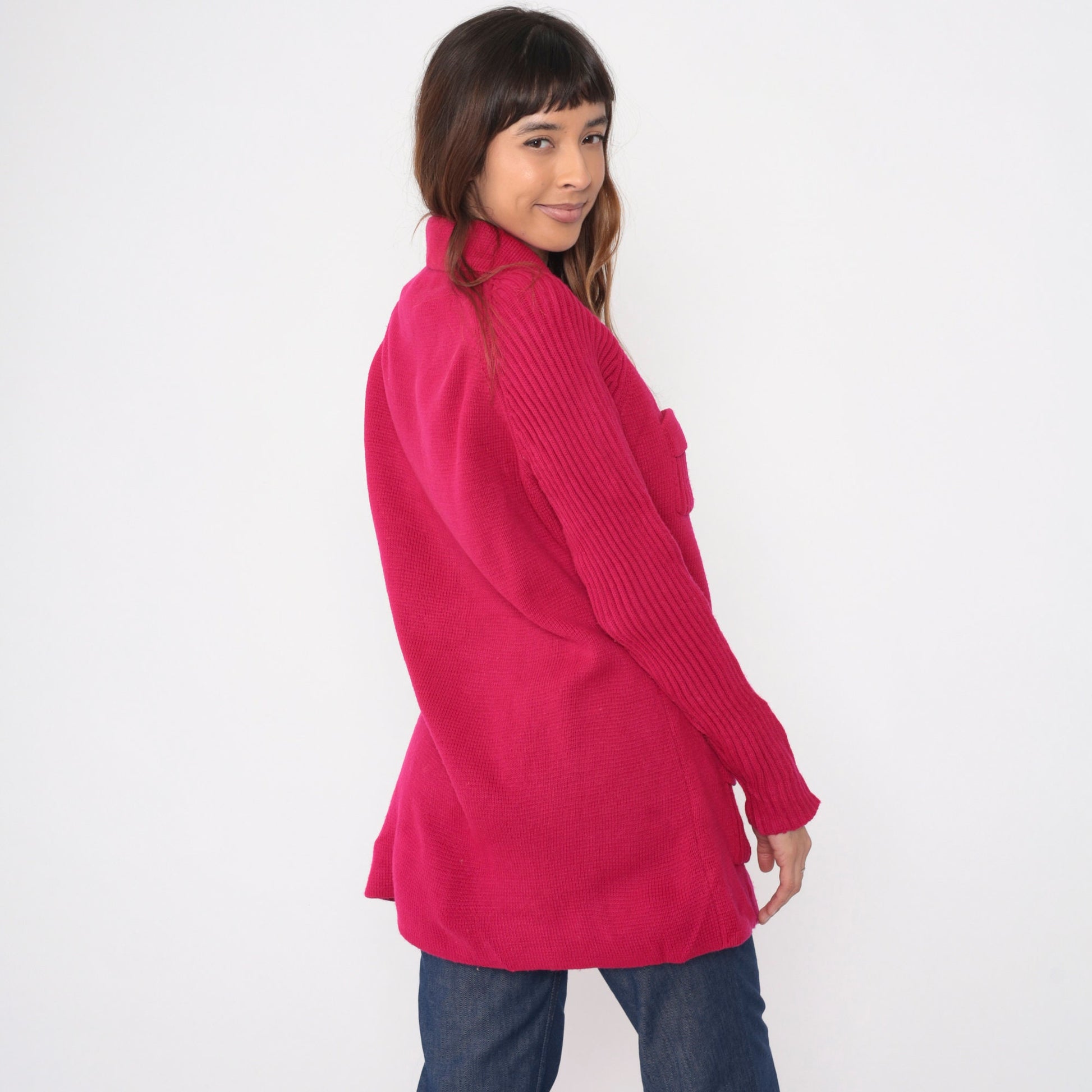 70s Fuchsia Cardigan Sweater Raglan Sleeve Ribbed Knit Gold Buttons Large L