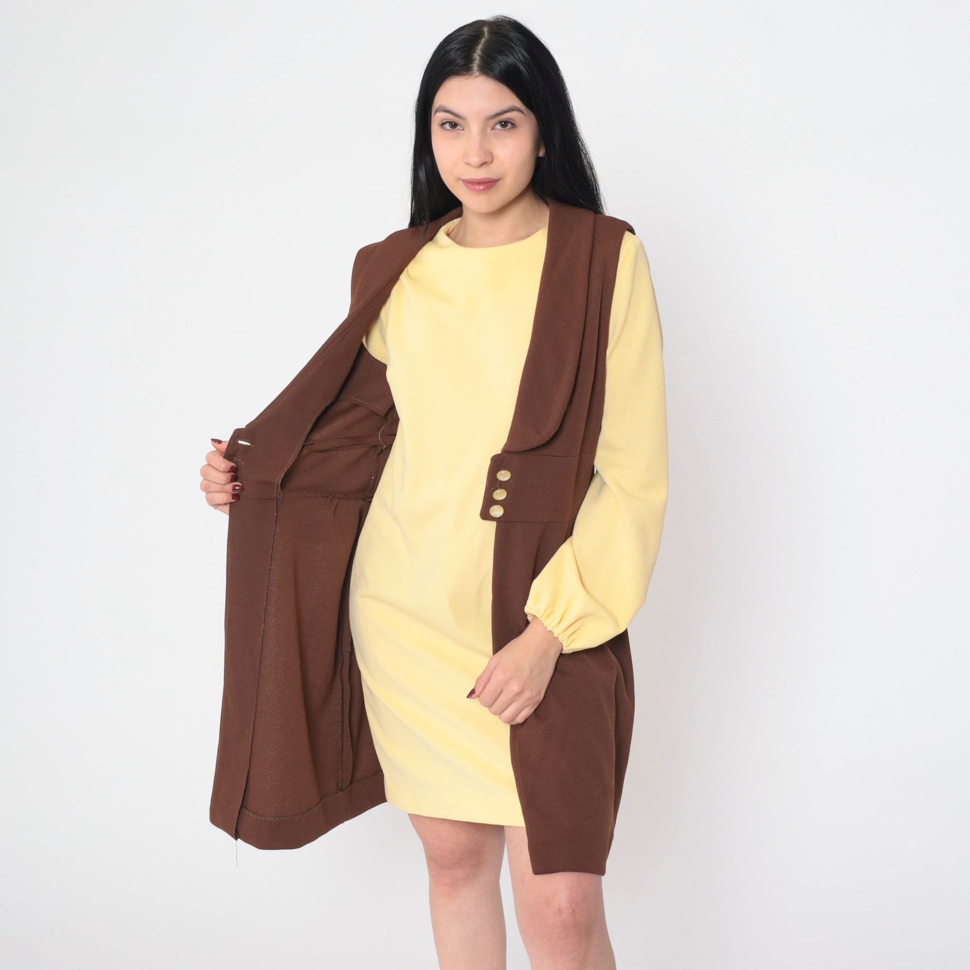 70s Mod Mini Dress and Vest Set Yellow Brown Shift Long Sleeve Medium