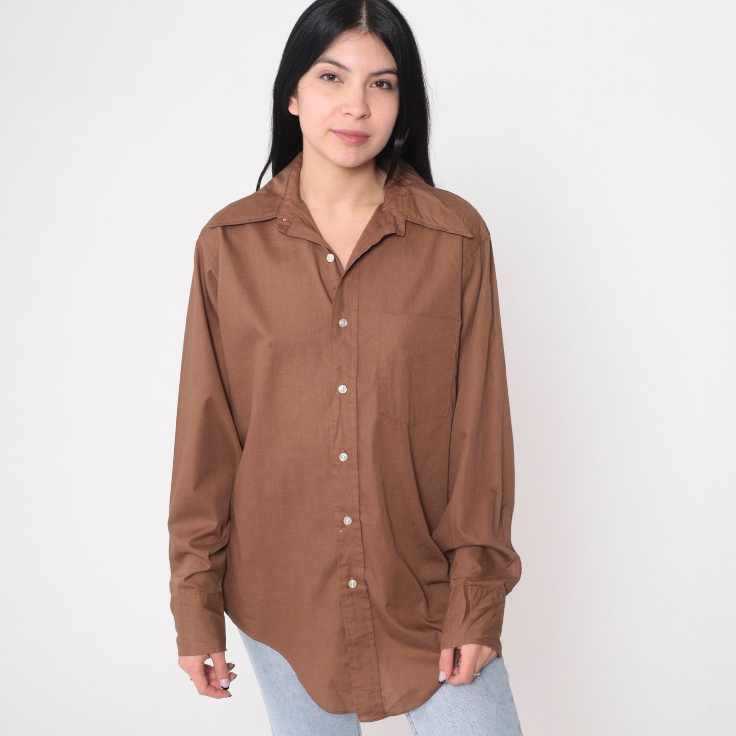70s Cocoa Brown Wing Collar Button-Up Shirt Long Sleeve Mens Medium