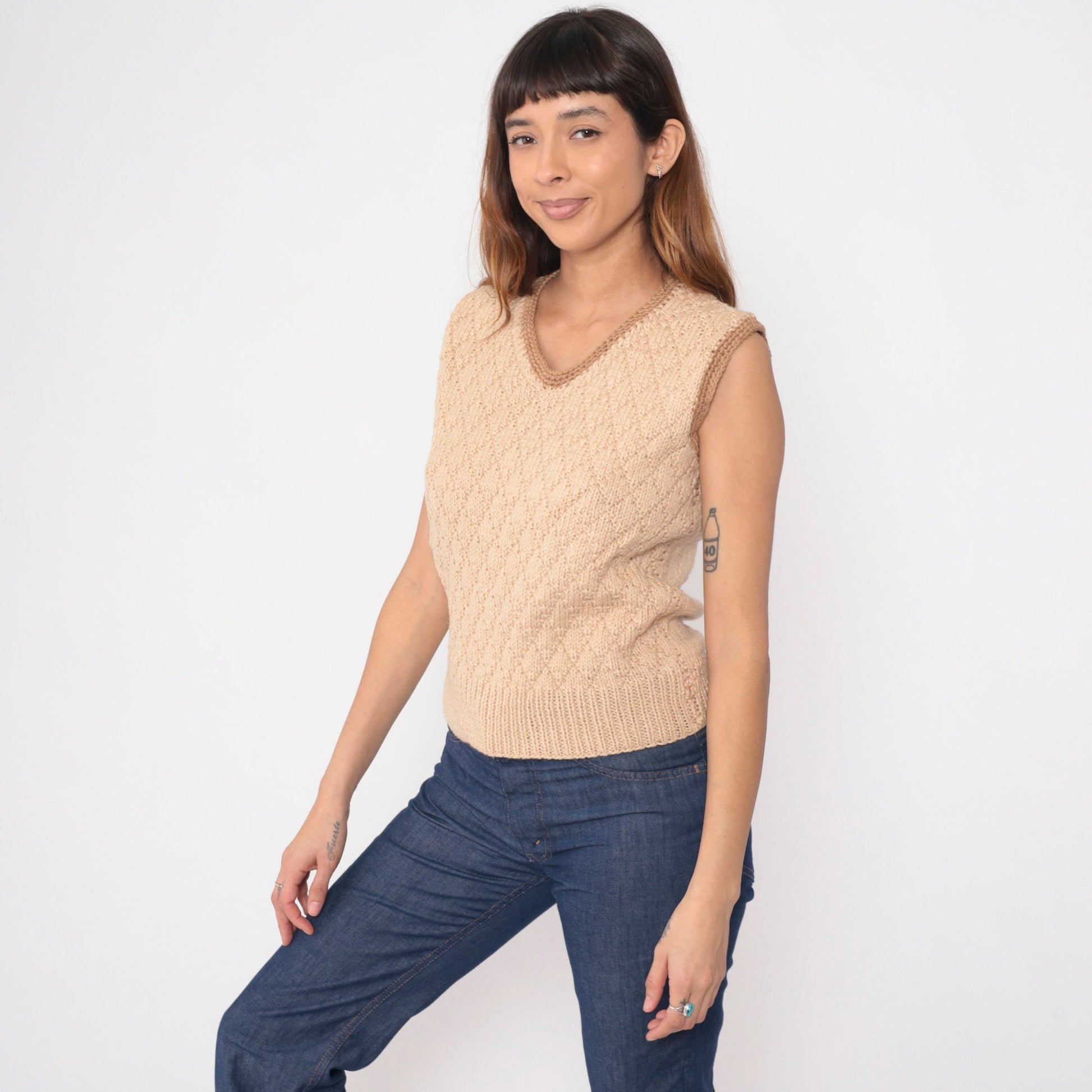 70s Tan Diamond Knit Sweater Vest V Neck Brown Trim Small