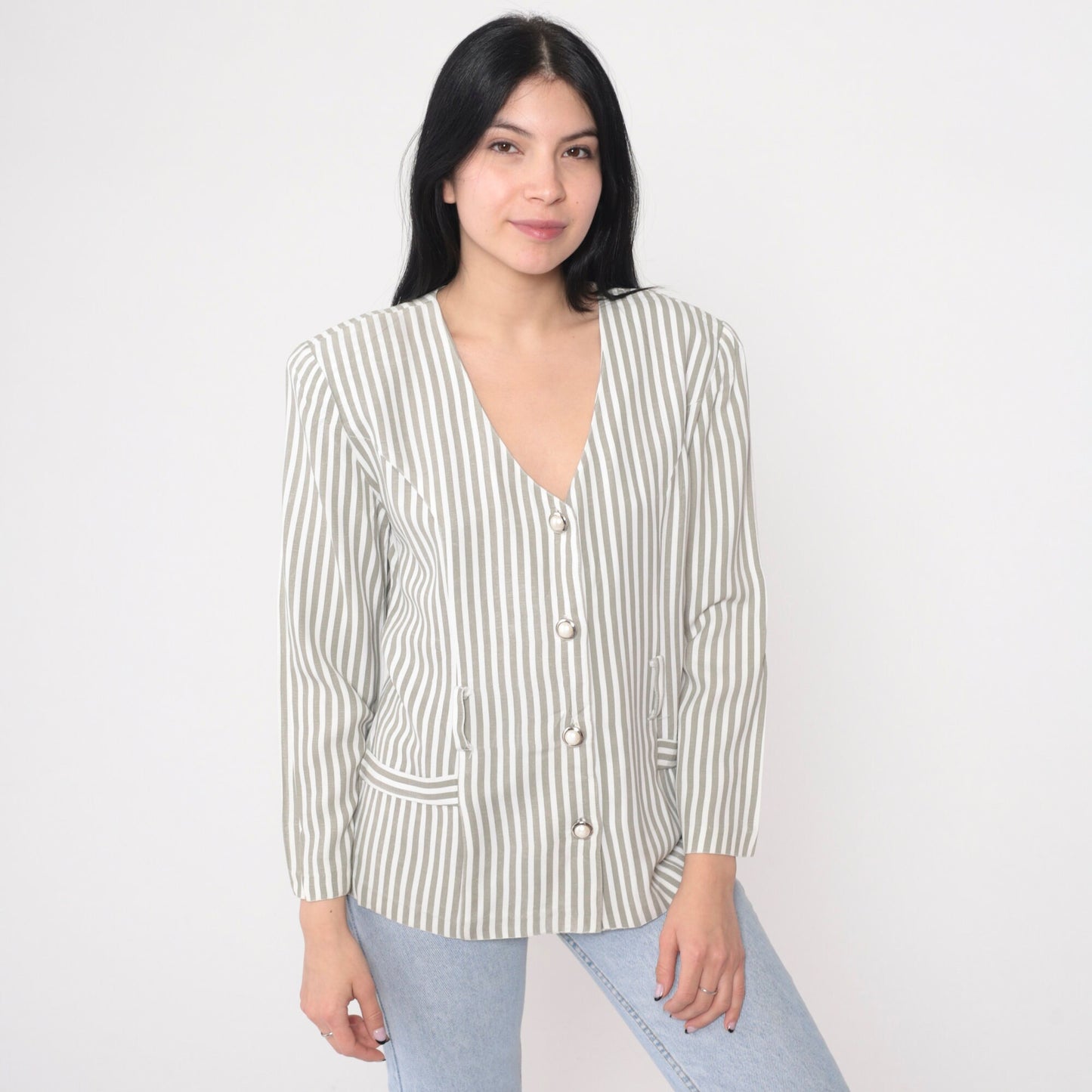90s Striped Puff Sleeve Blouse Button-Up V-Neck Shirt Small S
