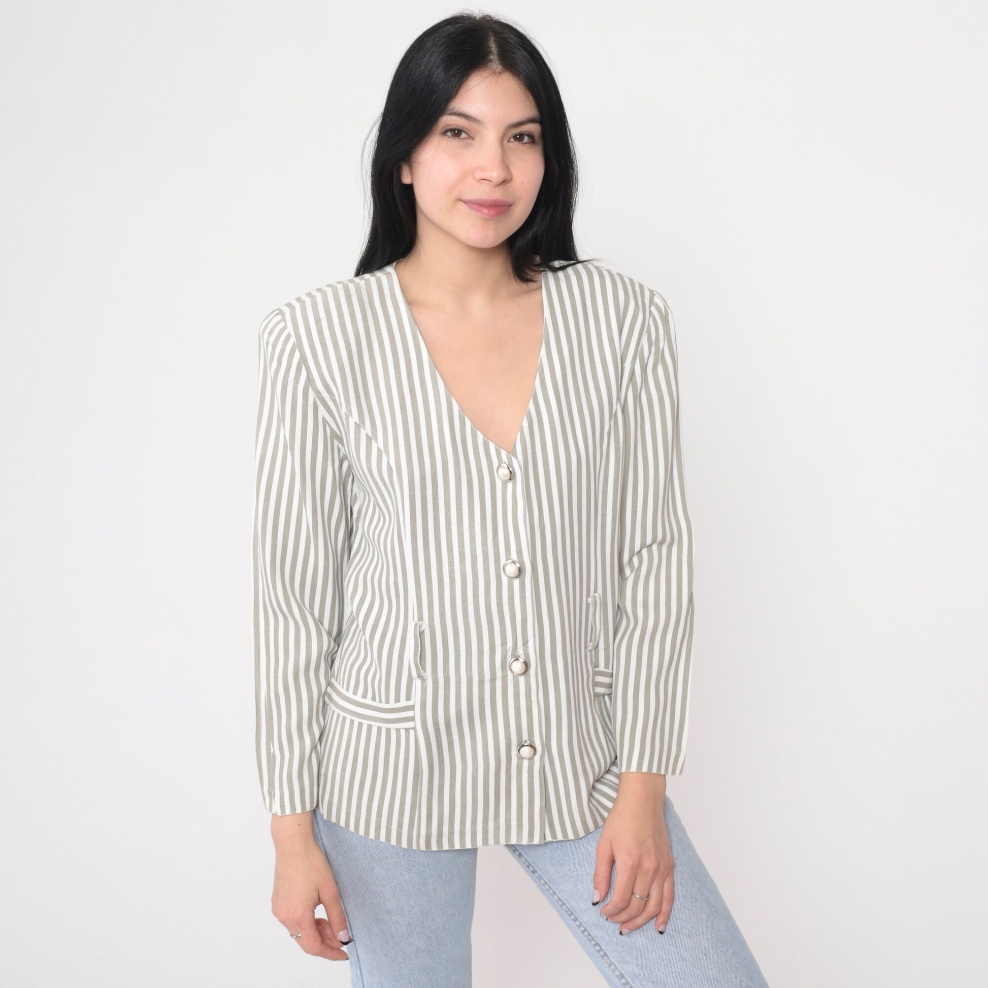 90s Striped Puff Sleeve Blouse Button-Up V-Neck Shirt Small S