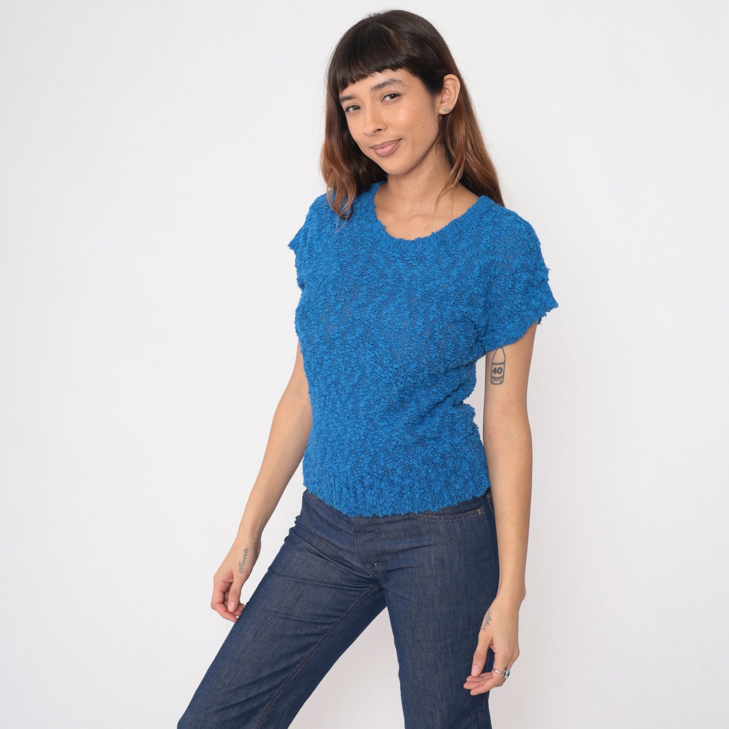 80s Blue Nubby Knit Sweater Top Short Sleeve V Neck Extra Small