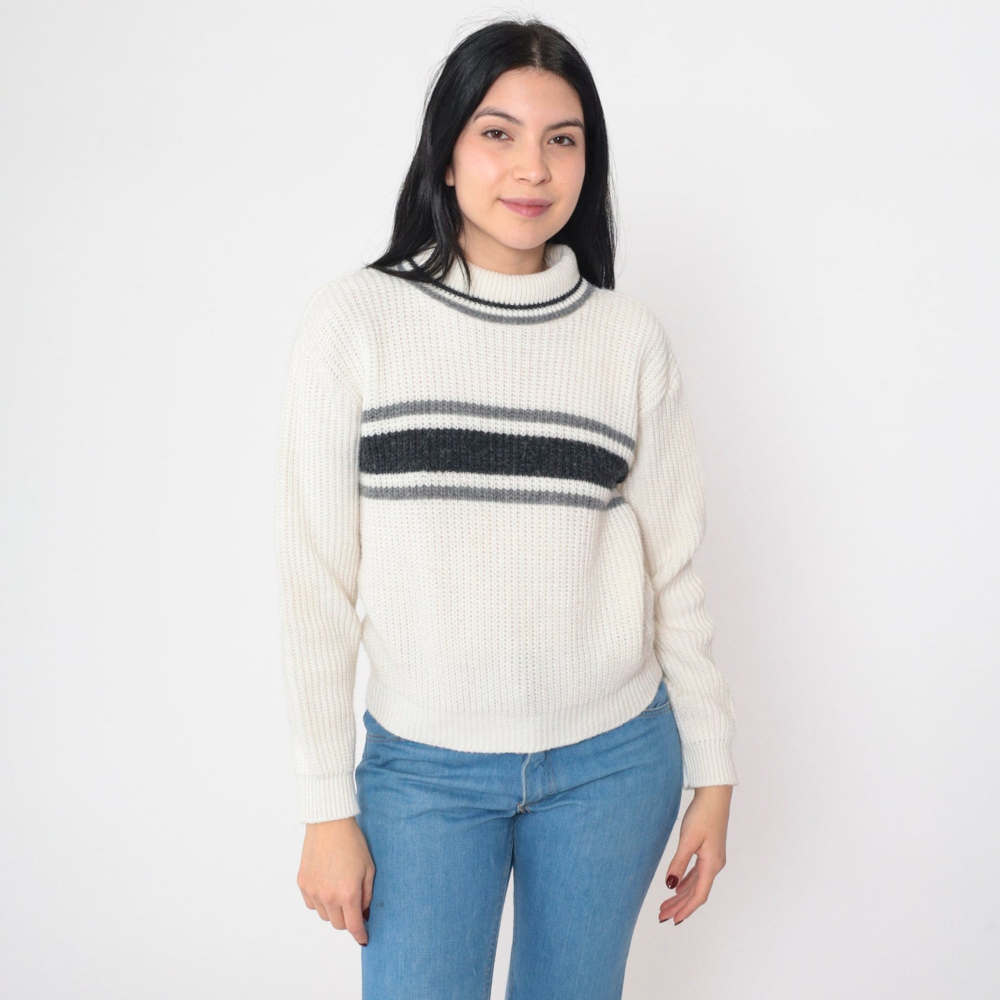 80s White Stag Striped Turtleneck Sweater Black Grey Knit Small