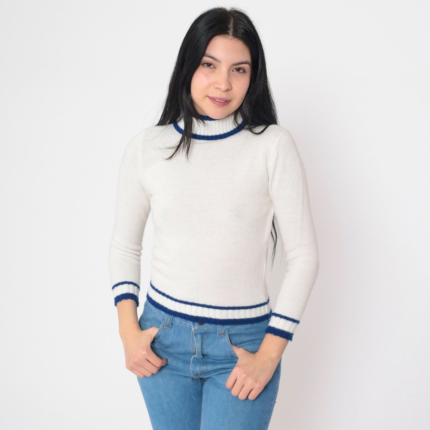 70s White Turtleneck Sweater Blue Striped Ringer Knit Cropped Extra Small