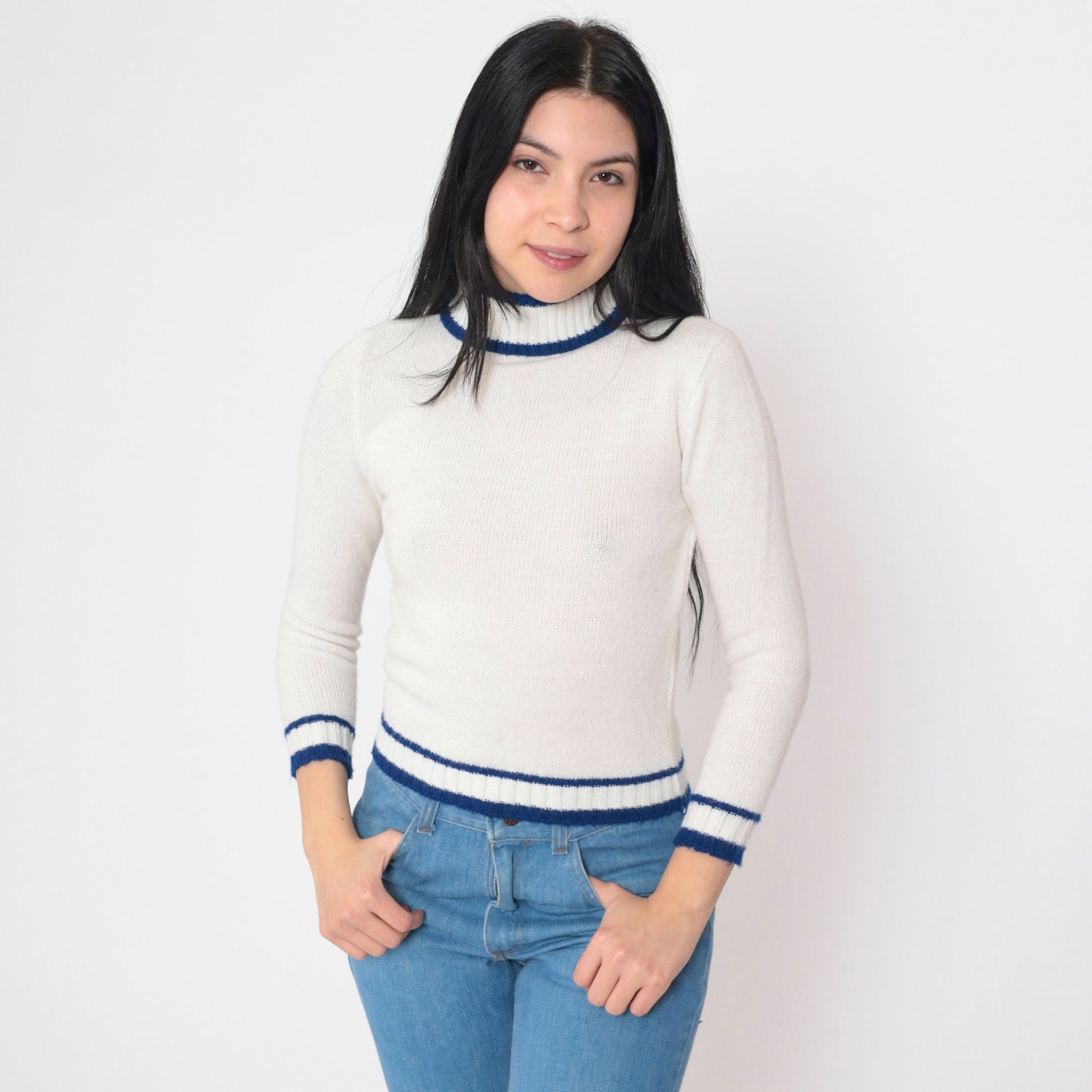 70s White Turtleneck Sweater Blue Striped Ringer Knit Cropped Extra Small