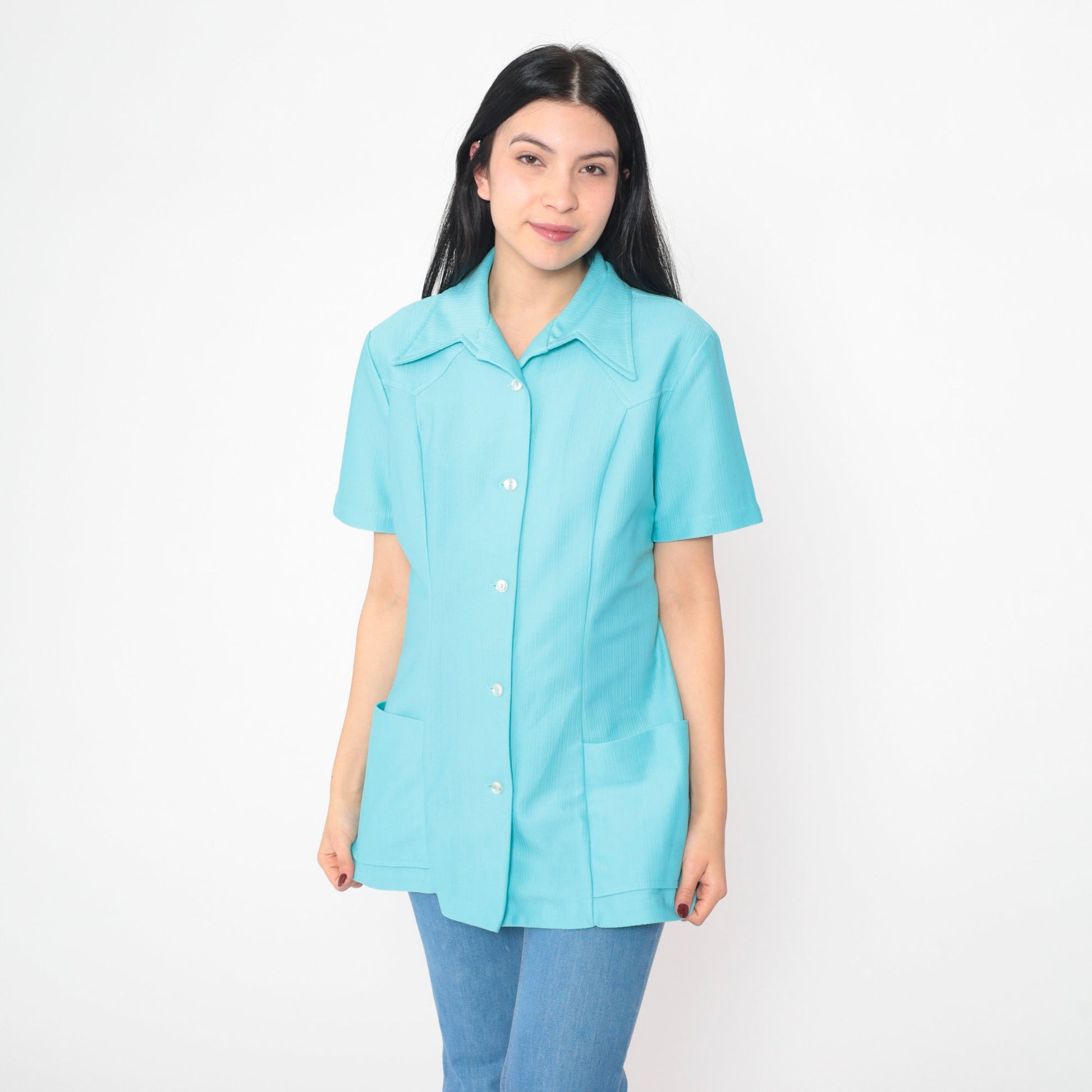 70s Blue Dagger Collar Button-Up Shirt Short Sleeve Longline Tunic Medium
