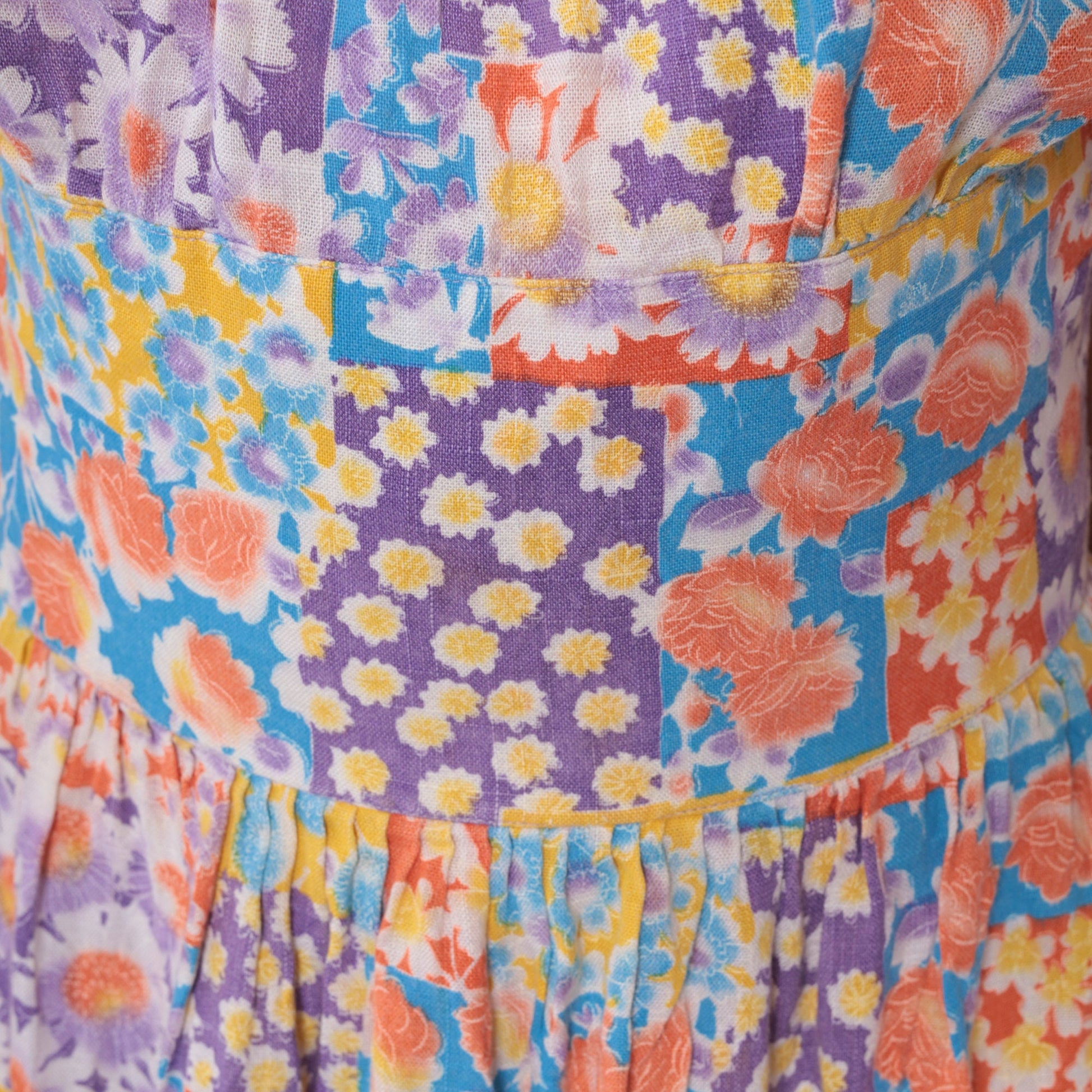 70s Patchwork Floral Off-Shoulder Maxi Dress Midriff Band Small
