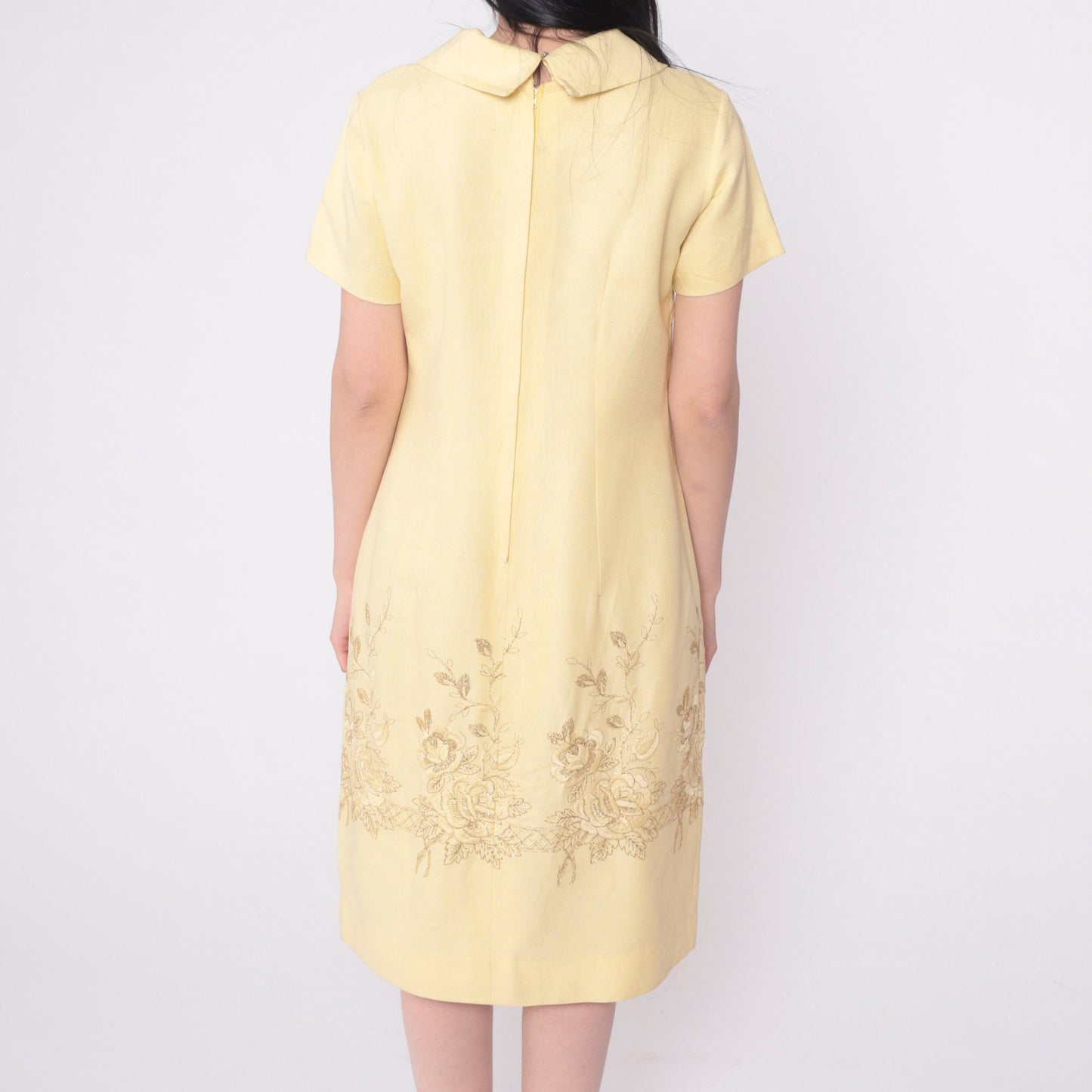 60s Mod Shift Dress Pale Yellow Metallic Gold Floral Embroidery Medium