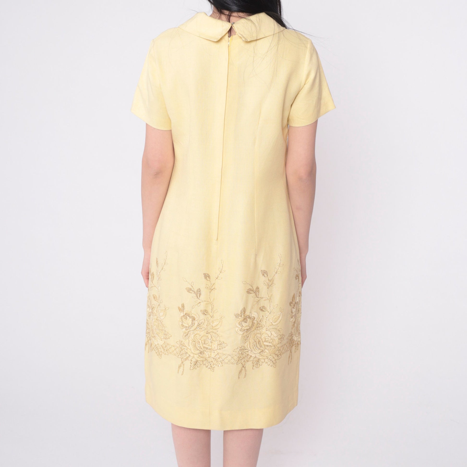 60s Mod Shift Dress Pale Yellow Metallic Gold Floral Embroidery Medium