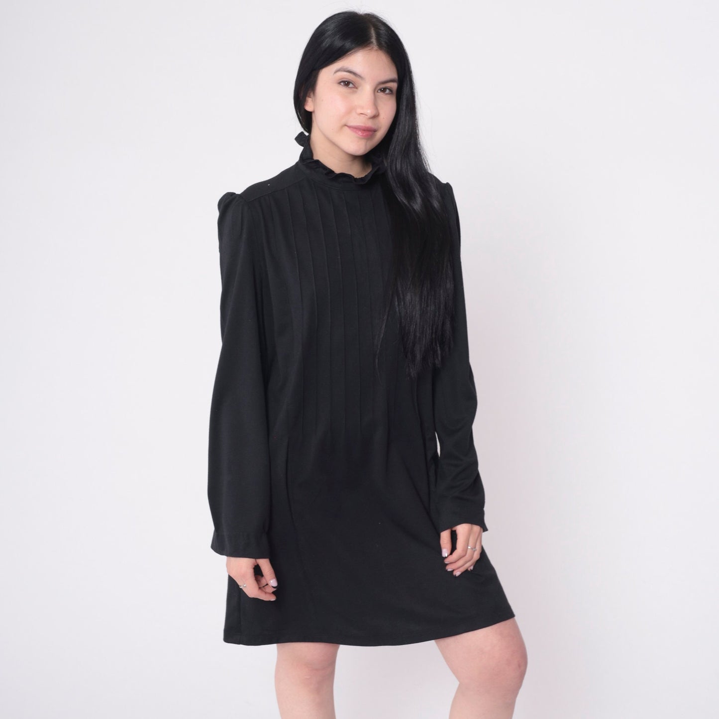 70s Black Shift Dress Ruffle Neck Pintuck Puff Sleeve Mini Medium Large
