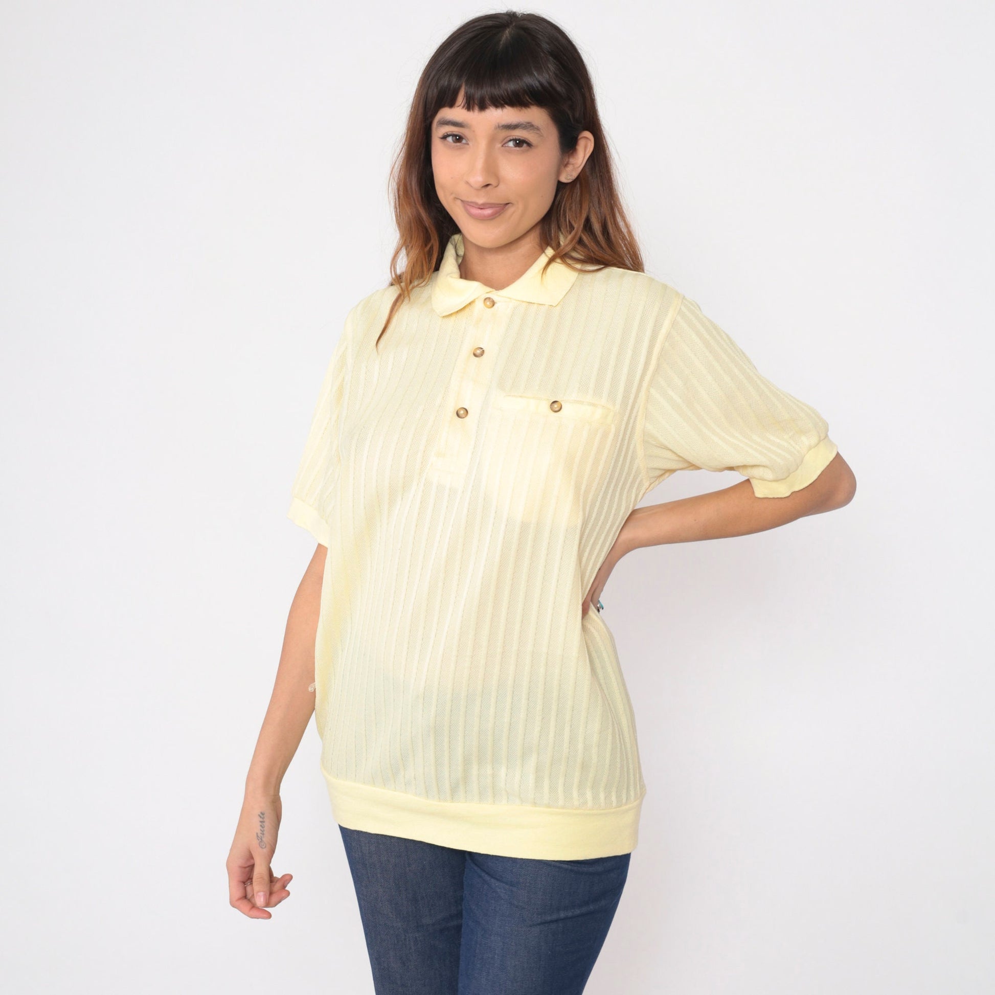 80s Light Yellow Polo Shirt Chest Pocket Banded Hem Men's Medium