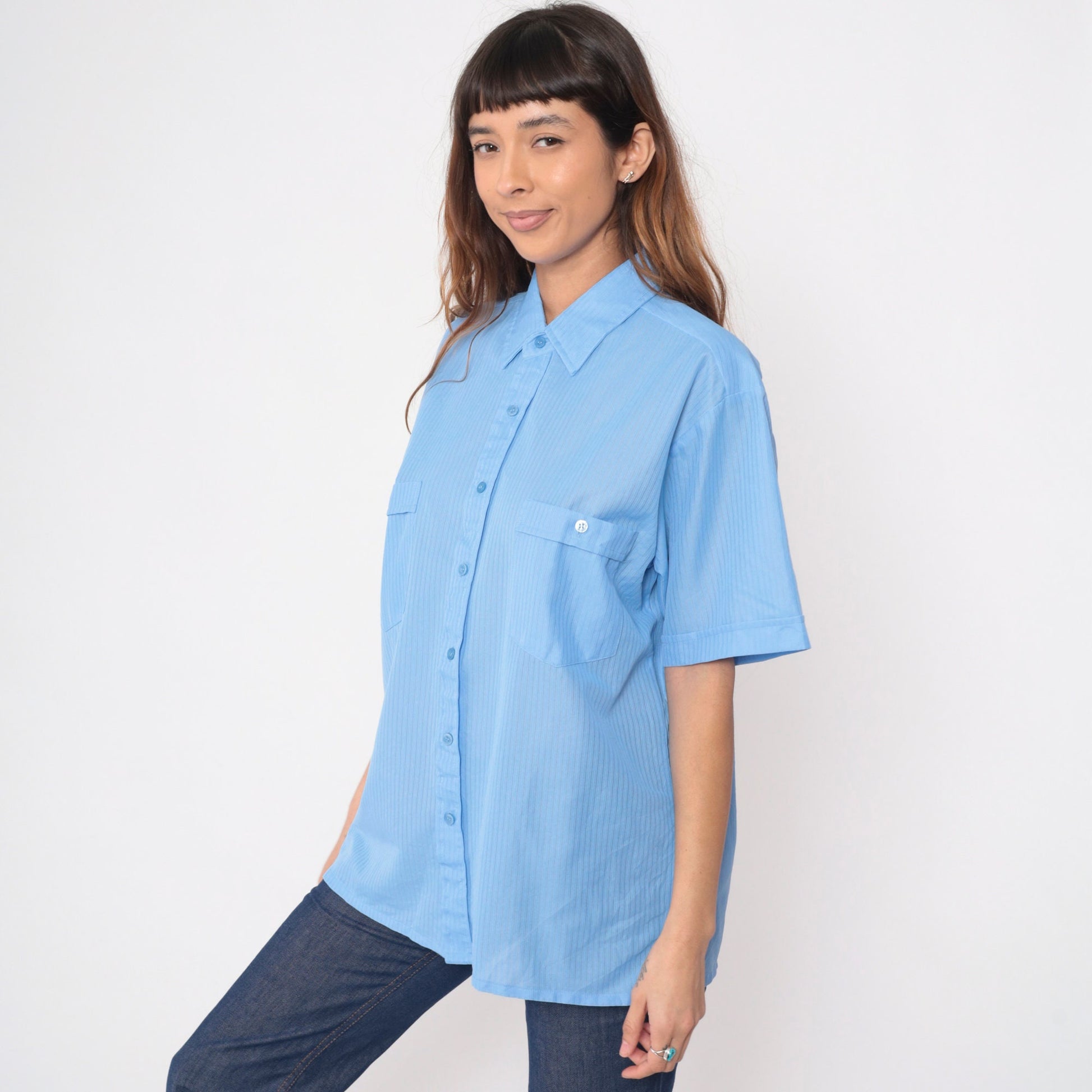 Y2K Haband Light Blue Striped Button Up Shirt Short Sleeve Men's Large L
