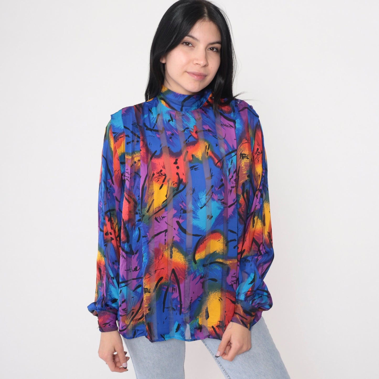 80s Abstract Print Mock Neck Blouse Button Shoulder Long Sleeve Small