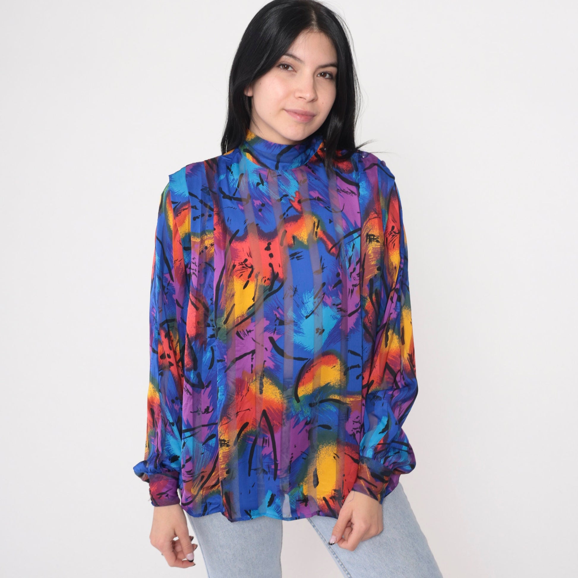 80s Abstract Print Mock Neck Blouse Button Shoulder Long Sleeve Small