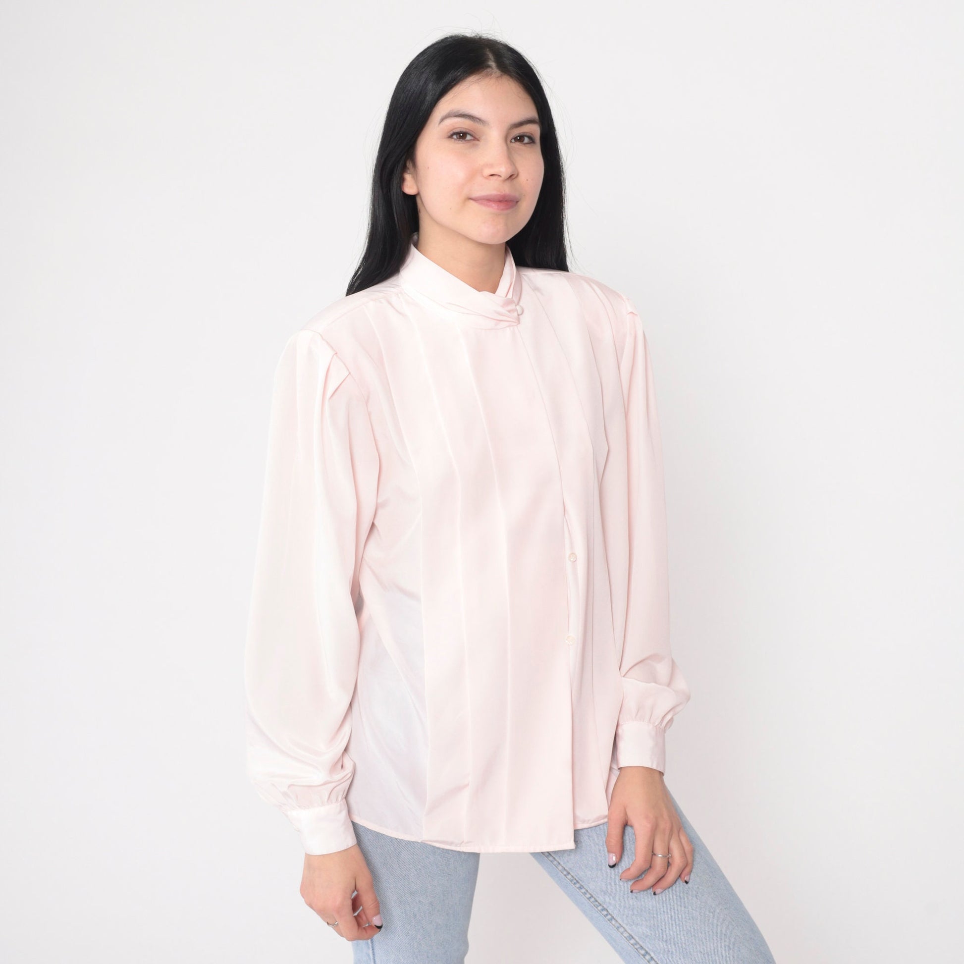 80s Baby Pink Pleated Blouse Puff Sleeve Button-Up Small