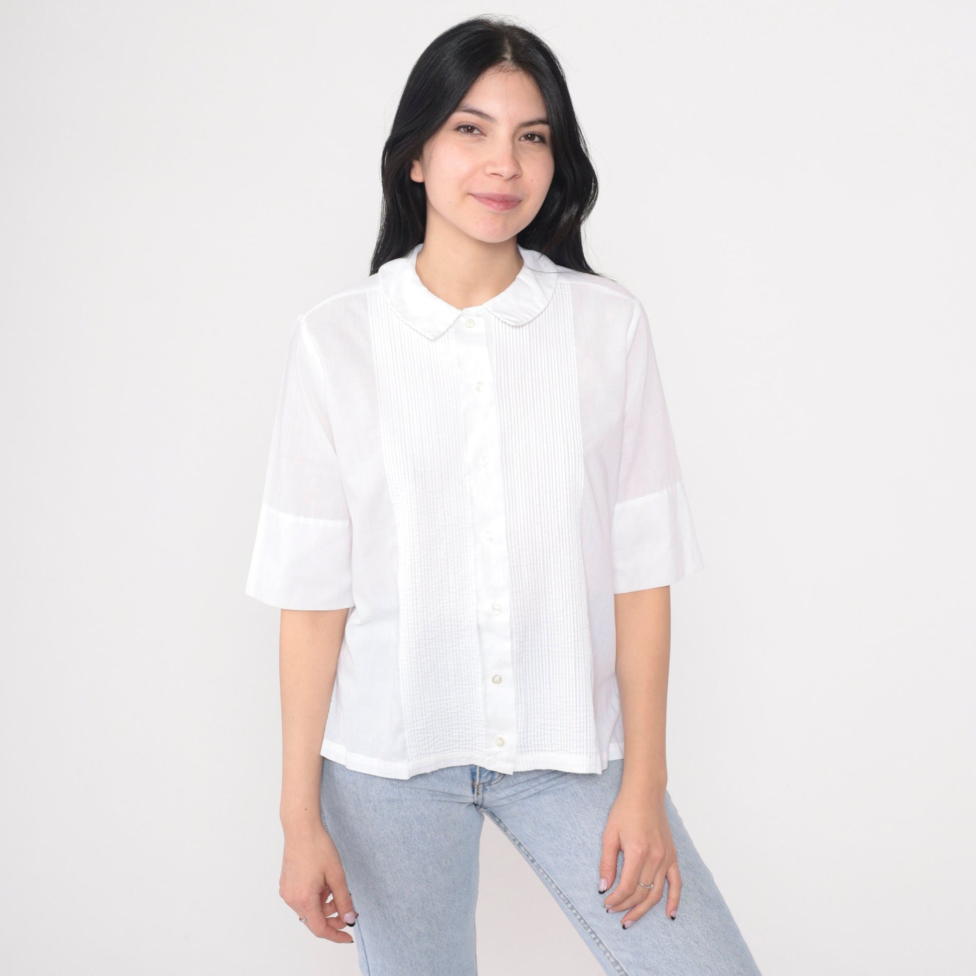 80s Ship n Shore White Button Up Blouse Peter Pan Collar Half Sleeve XS