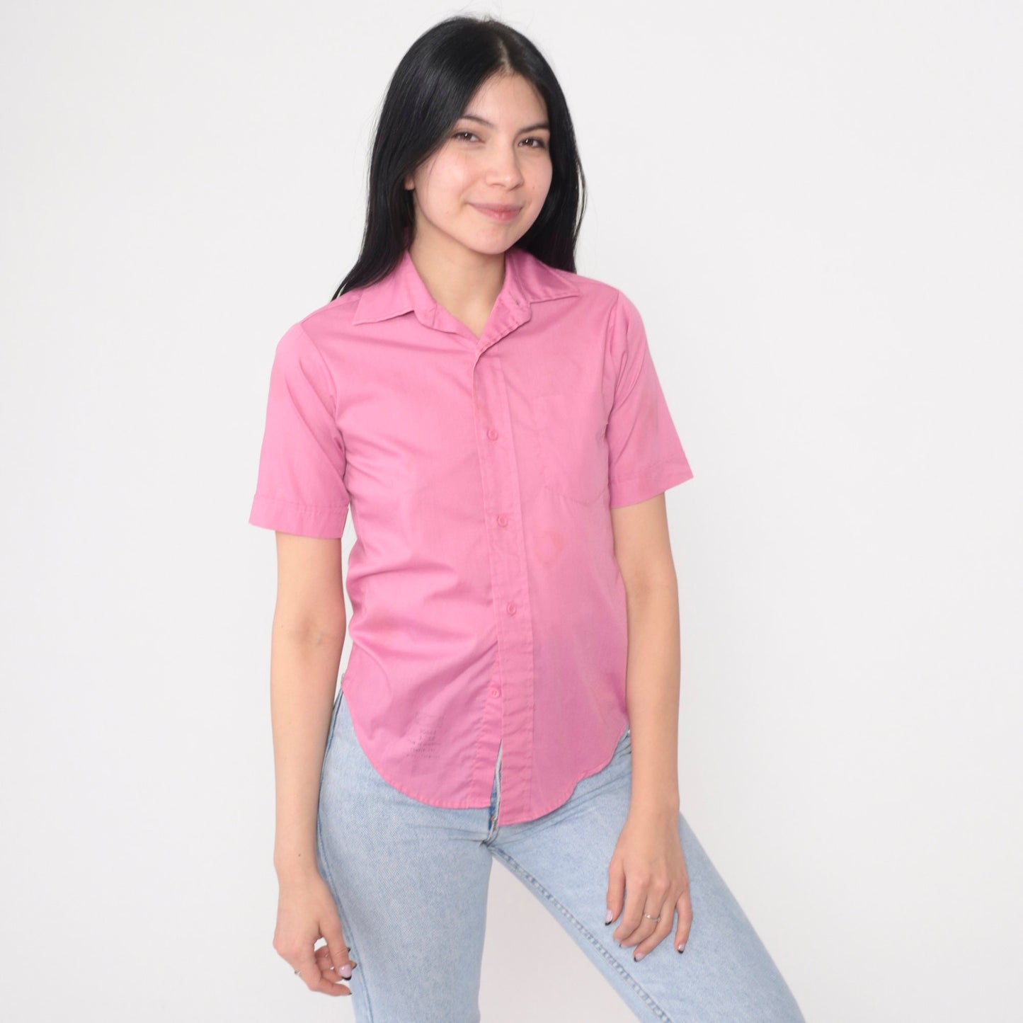 70s Pink Button-Up Shirt Short Sleeve Collared Chest Pocket Extra Small