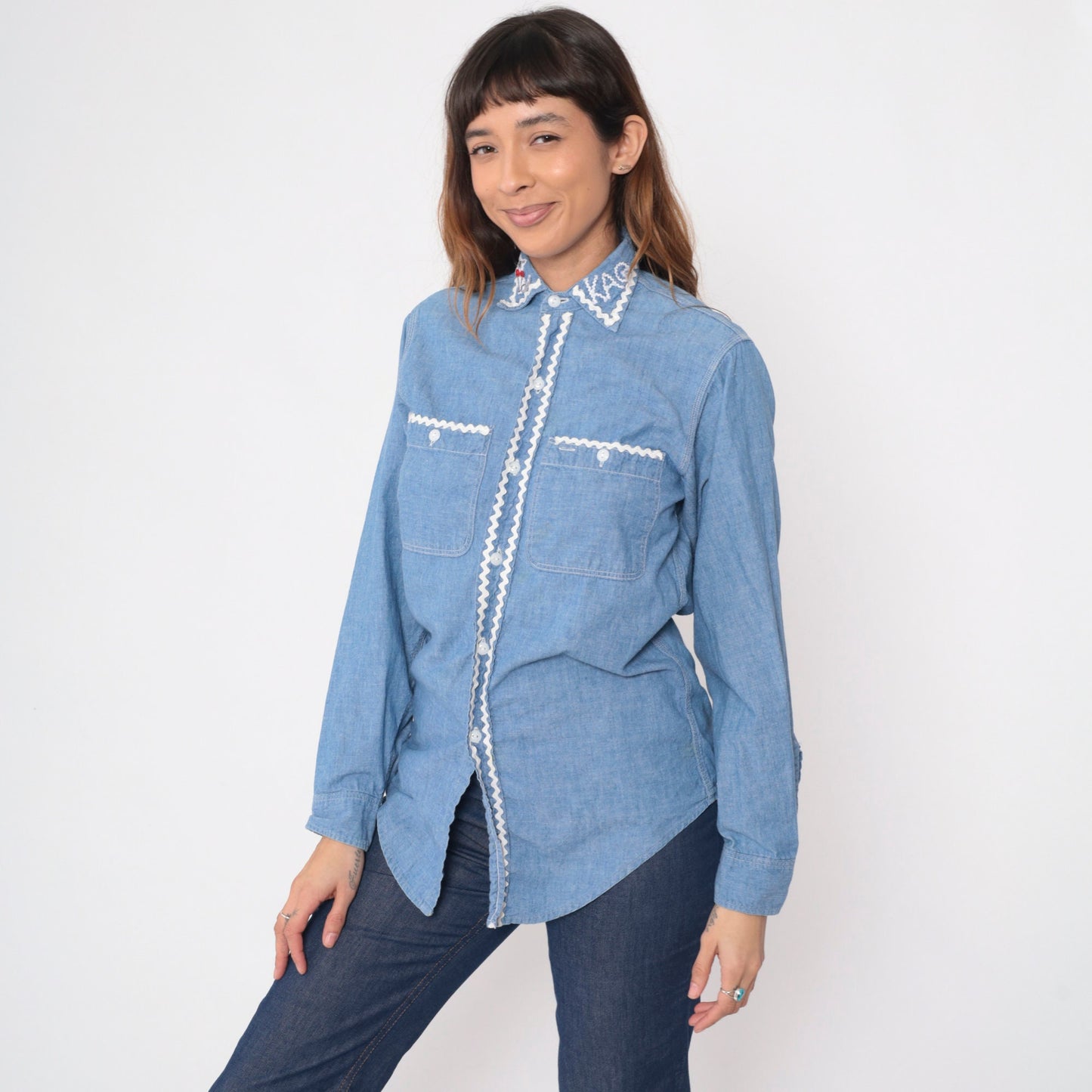 70s Big Mac Chambray Shirt Cat Kite Patch Button Up Blue Small