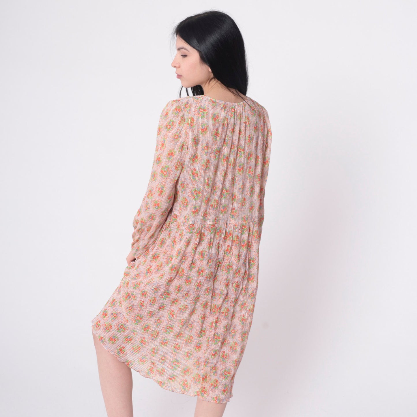70s Floral Midi Dress High Waist Knife Pleated Puff Sleeve Green Blue Medium
