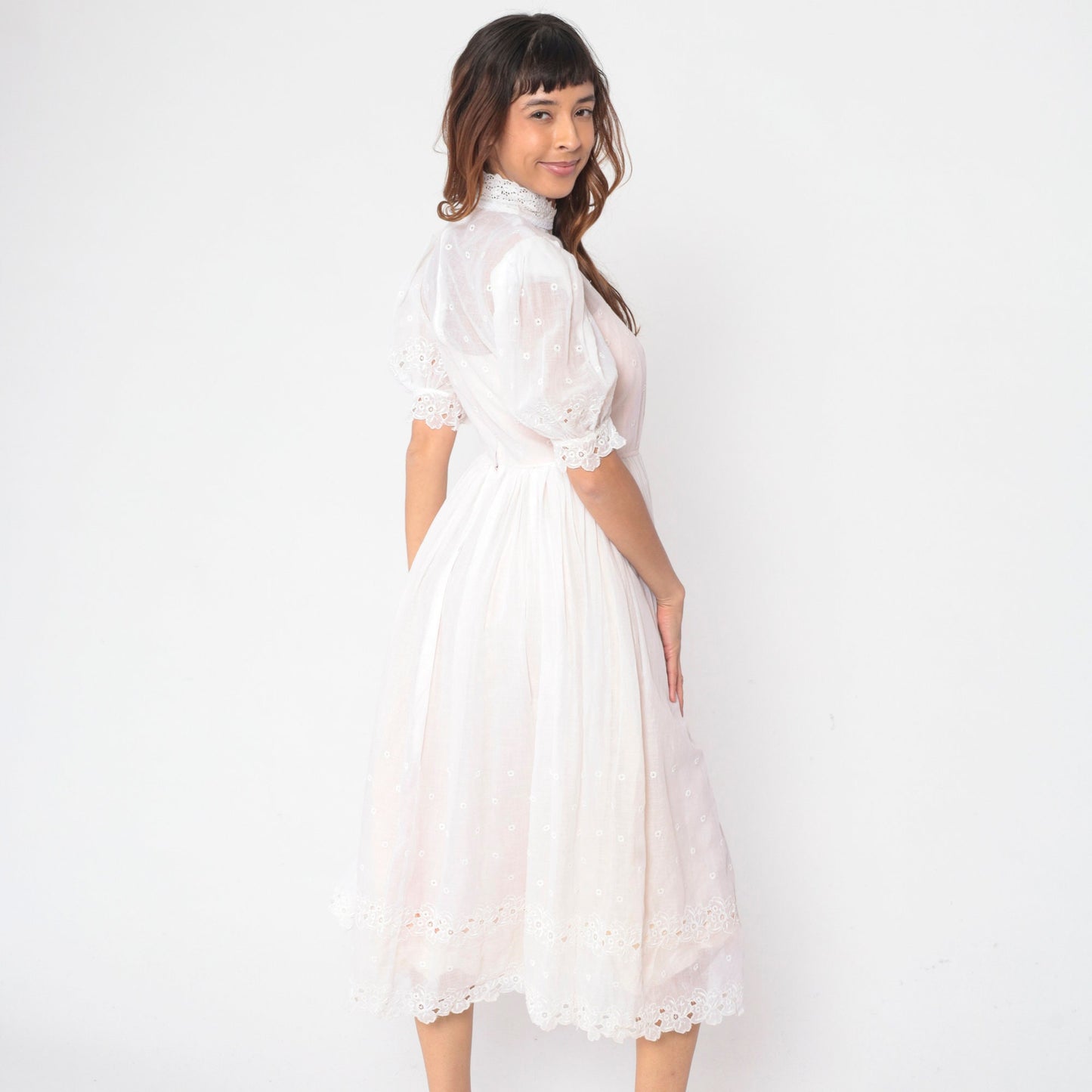 60s White Eyelet Dress Floral Embroidered Puff Sleeve High Waist Midi Small