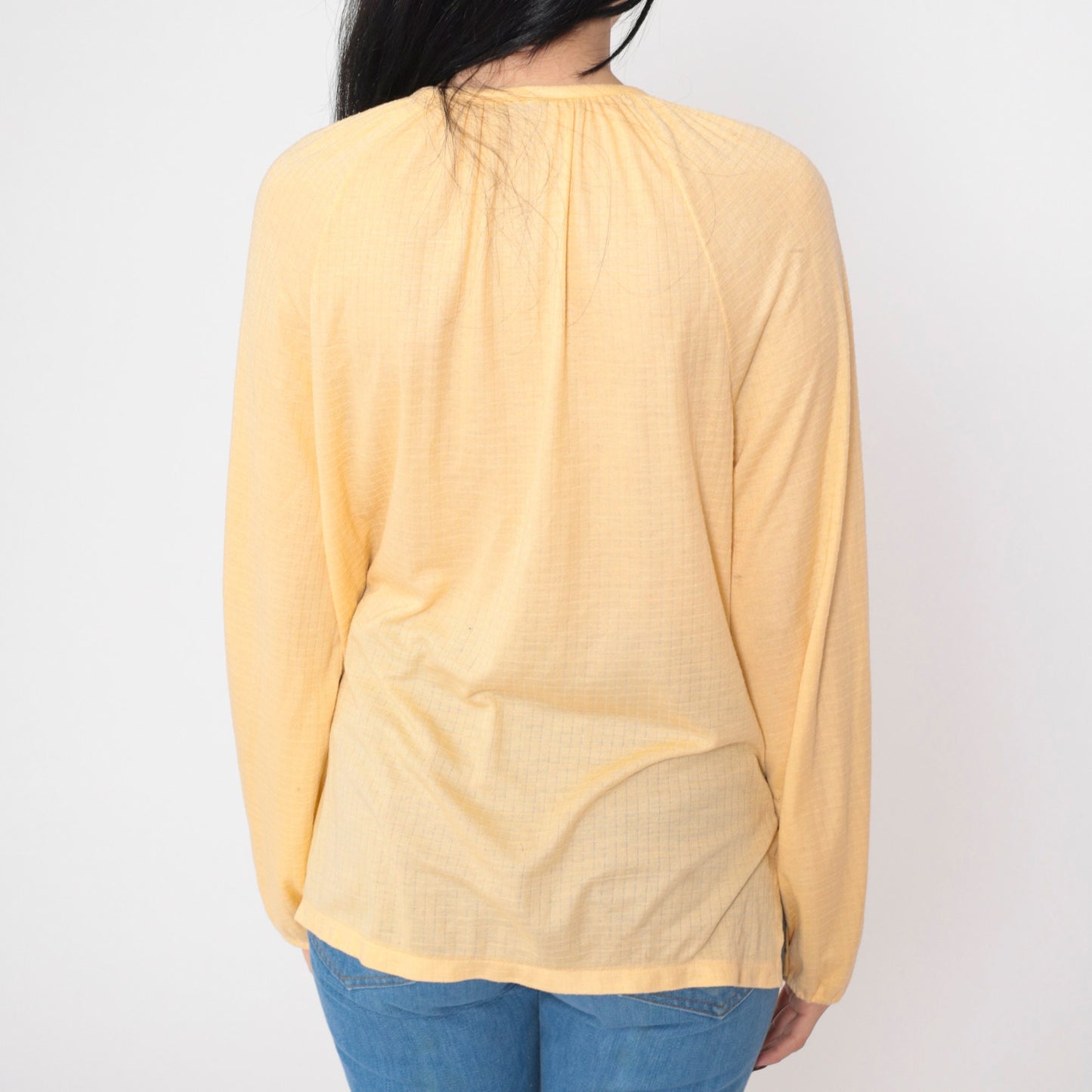 70s Yellow Semi-Sheer Half-Button Blouse Long Sleeve Medium M