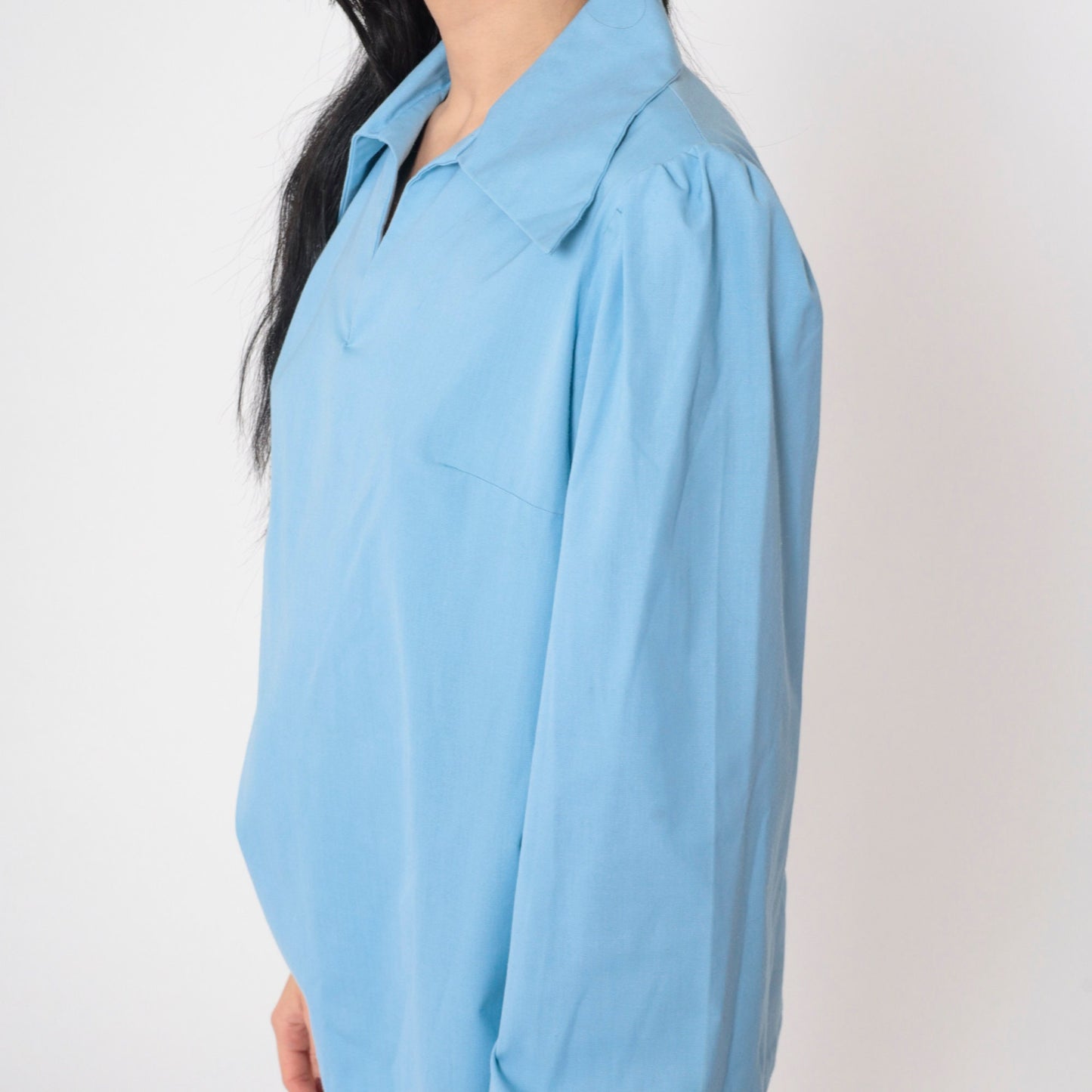 70s Baby Blue Blouse Puff Sleeve Collared V-Neck Long Sleeve Medium M
