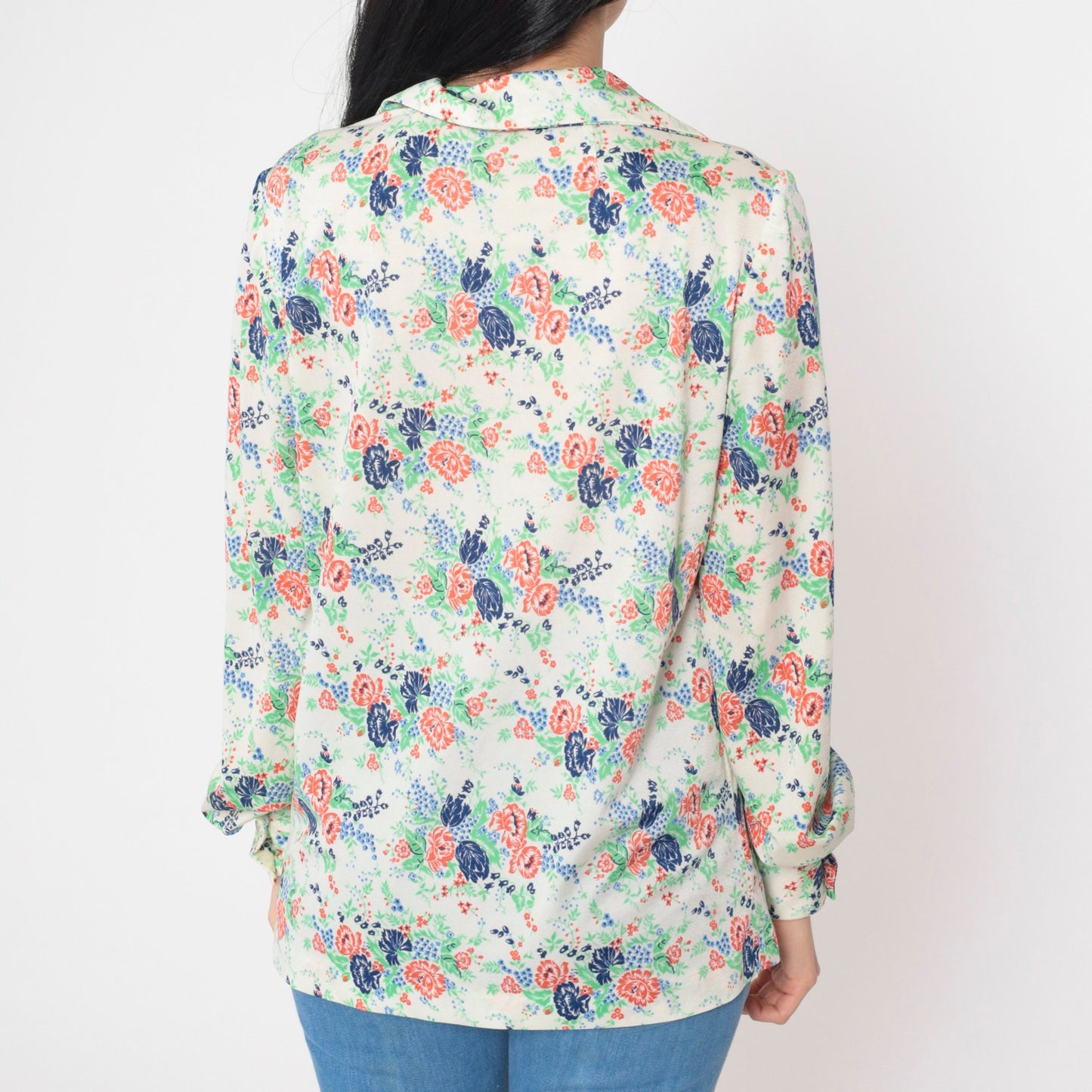 70s Floral Button-Up Blouse Off-White Collared Long Sleeve Medium