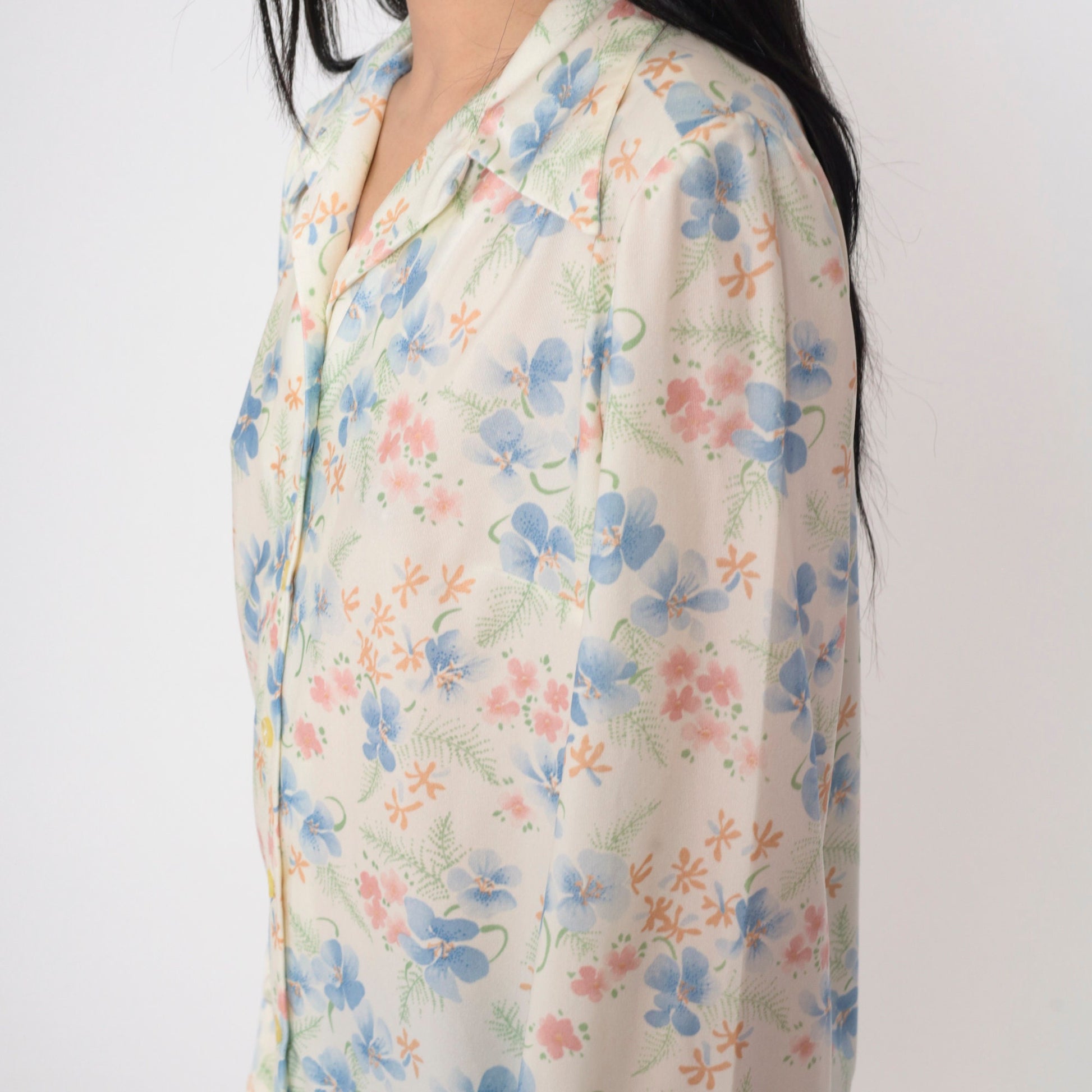70s Floral Print Blouse White Puff Sleeve Button-Up Collared Shirt Medium