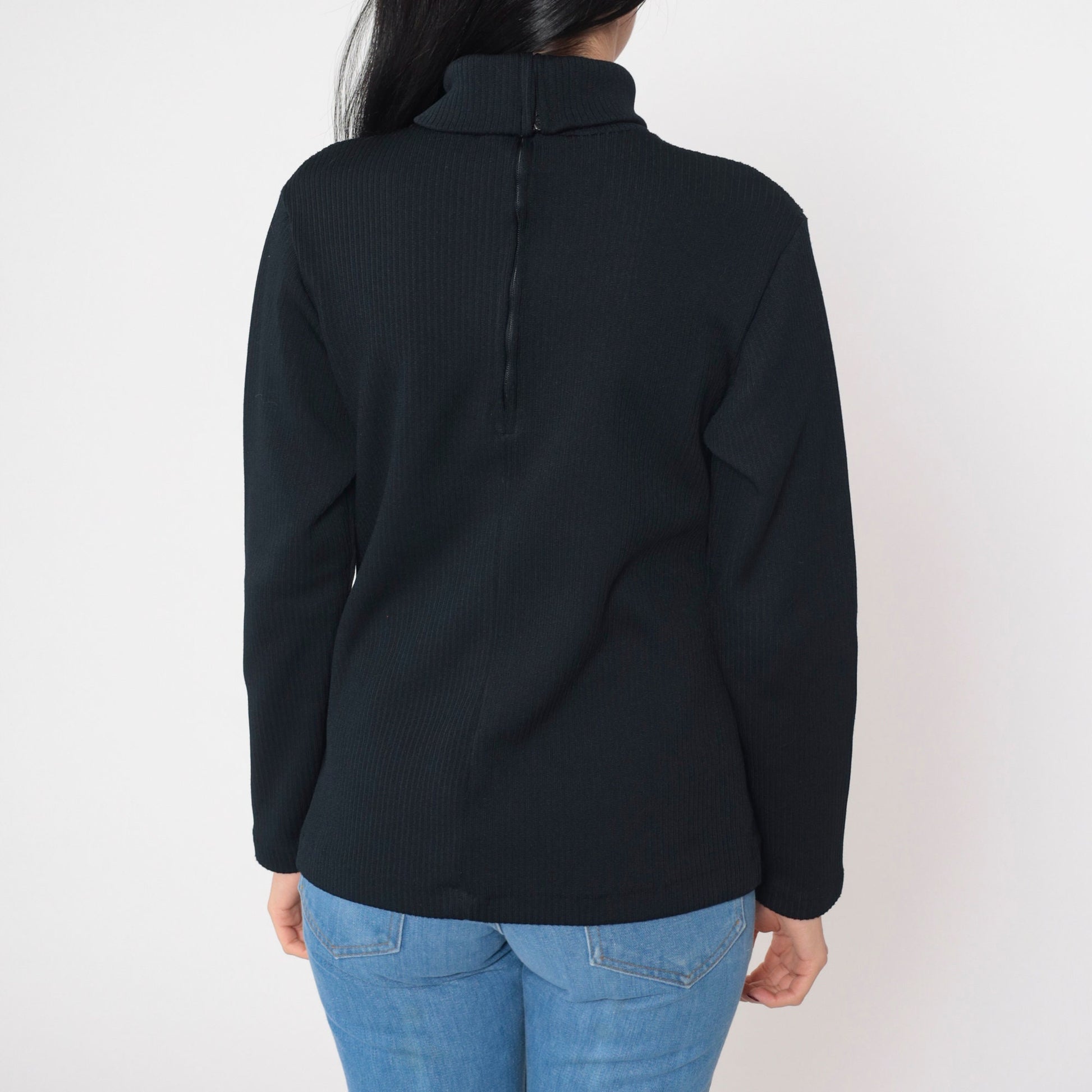 70s Black Ribbed Turtleneck Long Sleeve Knit Top Yoke Zipper Medium M