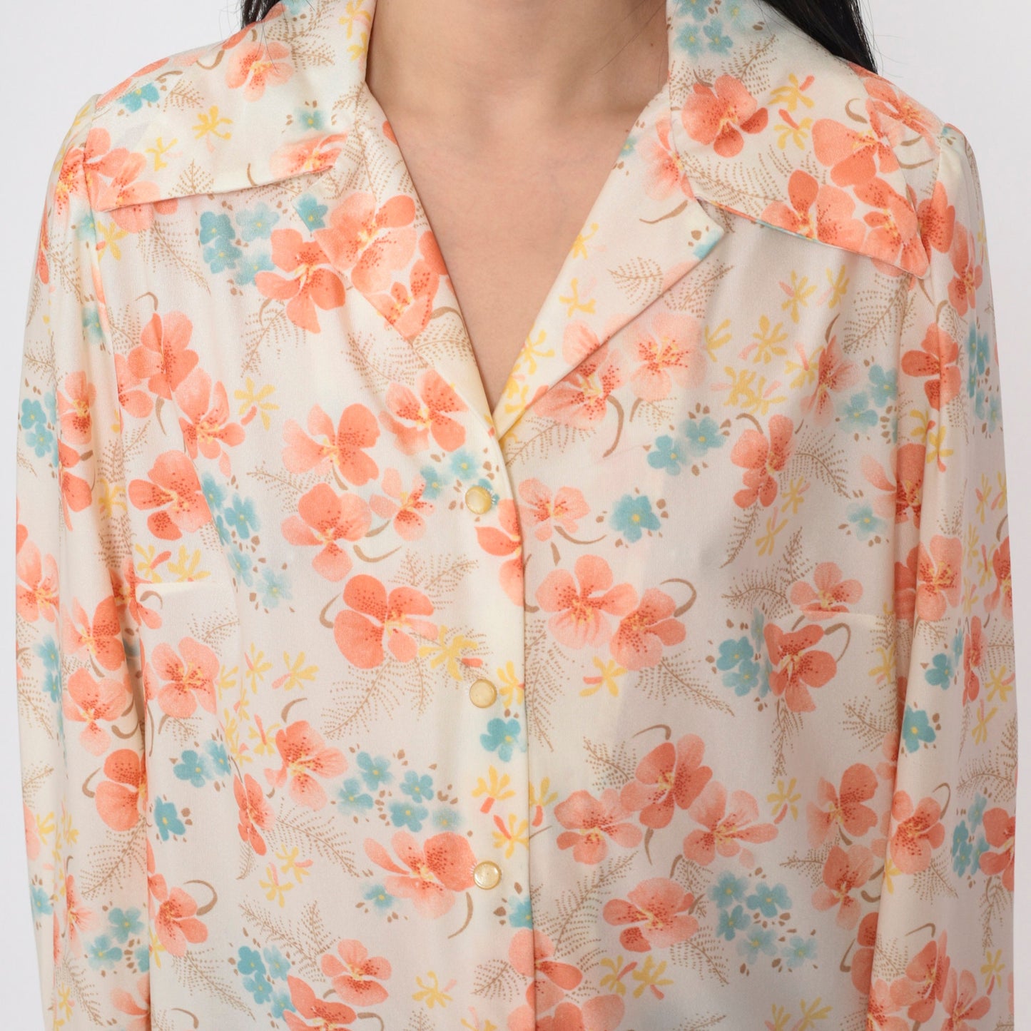 70s Floral Button-Up Blouse Off-White Orange Orchid Long Sleeve Collared Shirt Medium