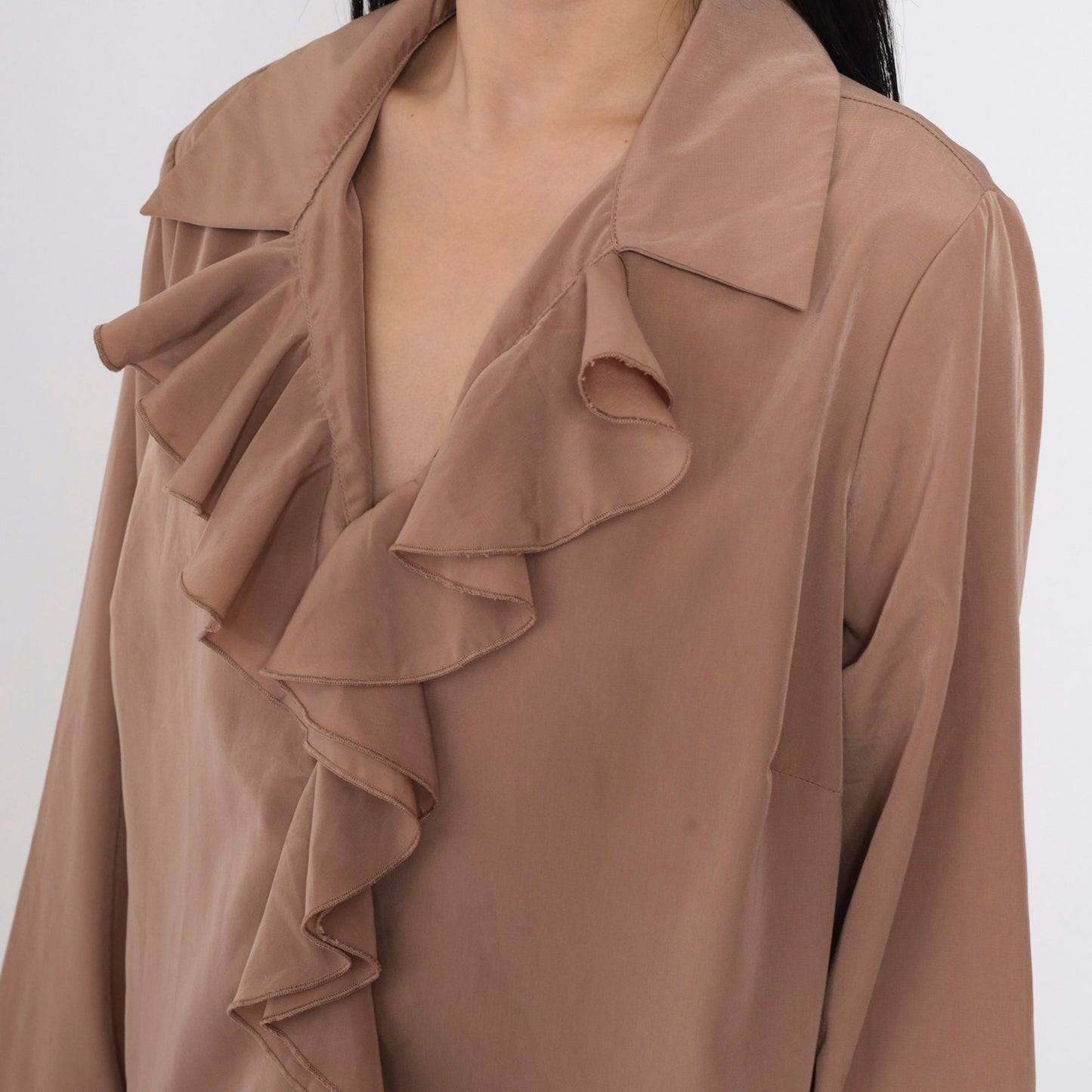 90s Cocoa Brown Ruffled V-Neck Blouse Long Bell Sleeve Vintage Poet Top Large L