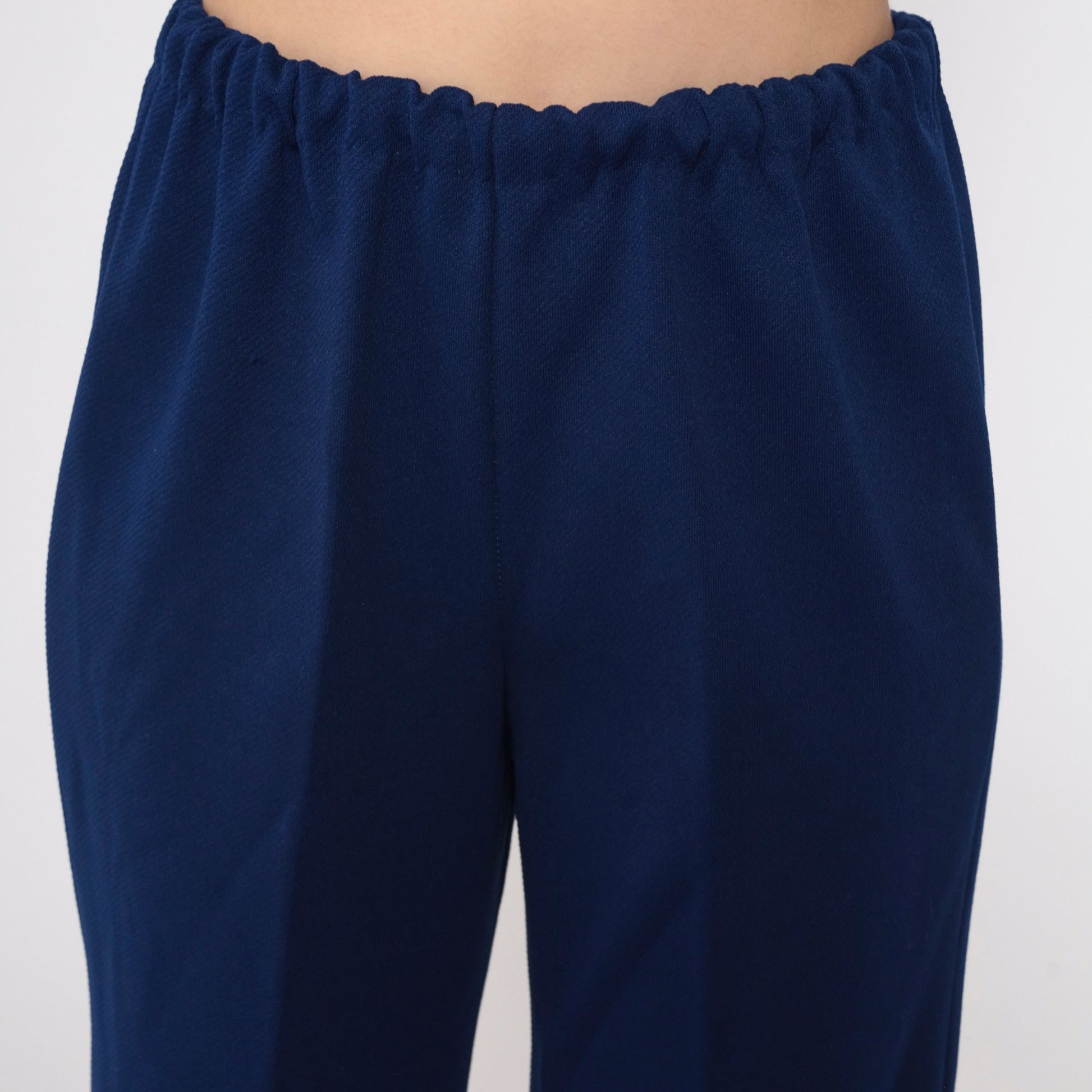 70s Navy High-Waisted Straight Leg Trousers Elastic Waist Small
