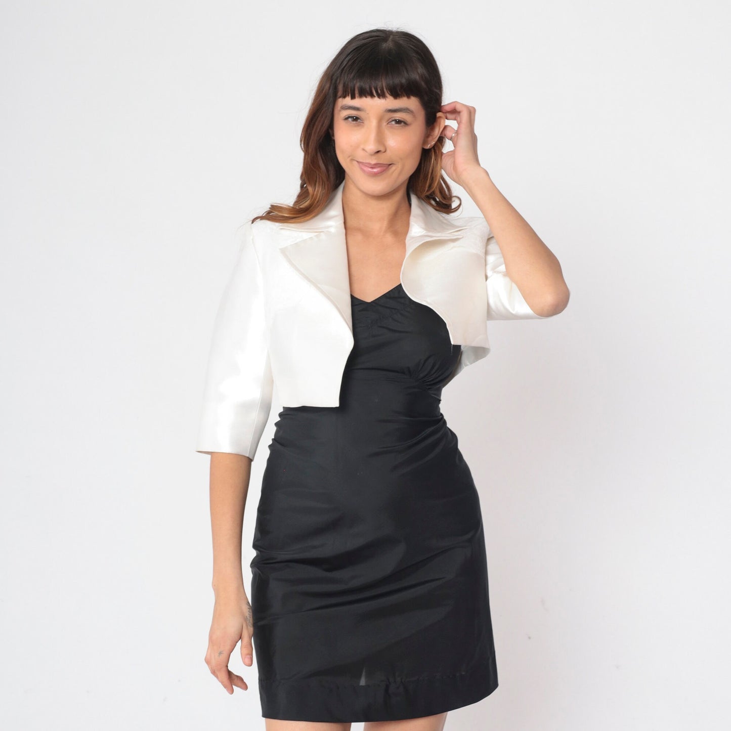 90s White Taffeta Lace Trim Cropped Blazer Half Sleeve Open Front Small 4