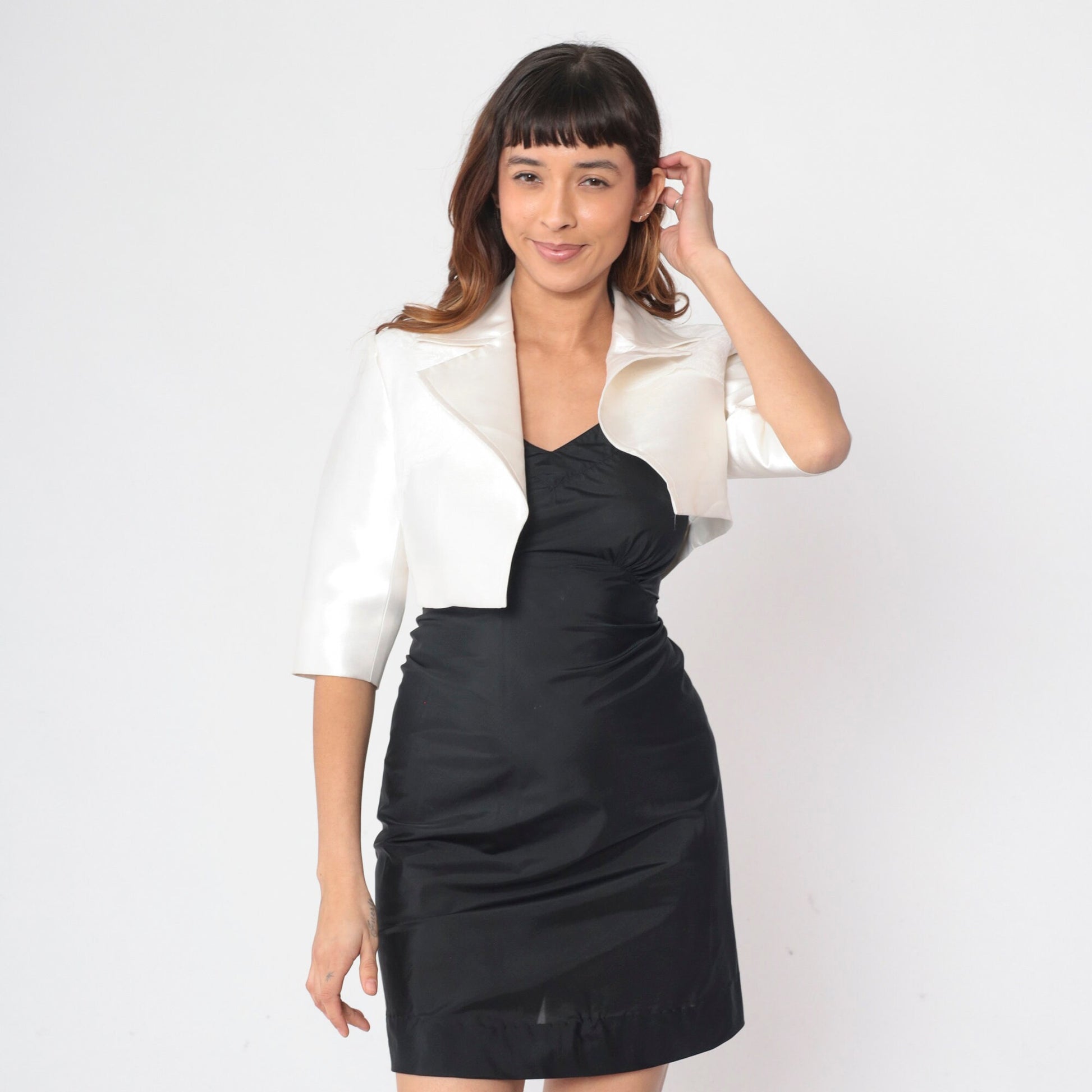 90s White Taffeta Lace Trim Cropped Blazer Half Sleeve Open Front Small 4