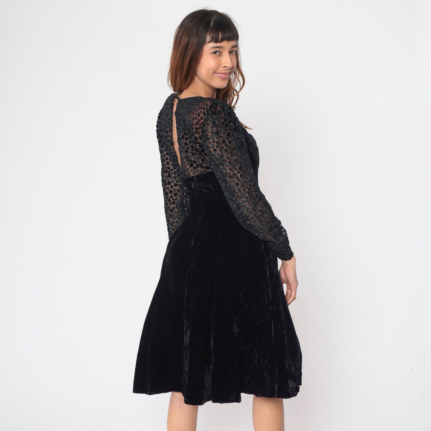 80s Black Velvet Party Dress Illusion Neckline Sparkly Sheer Small