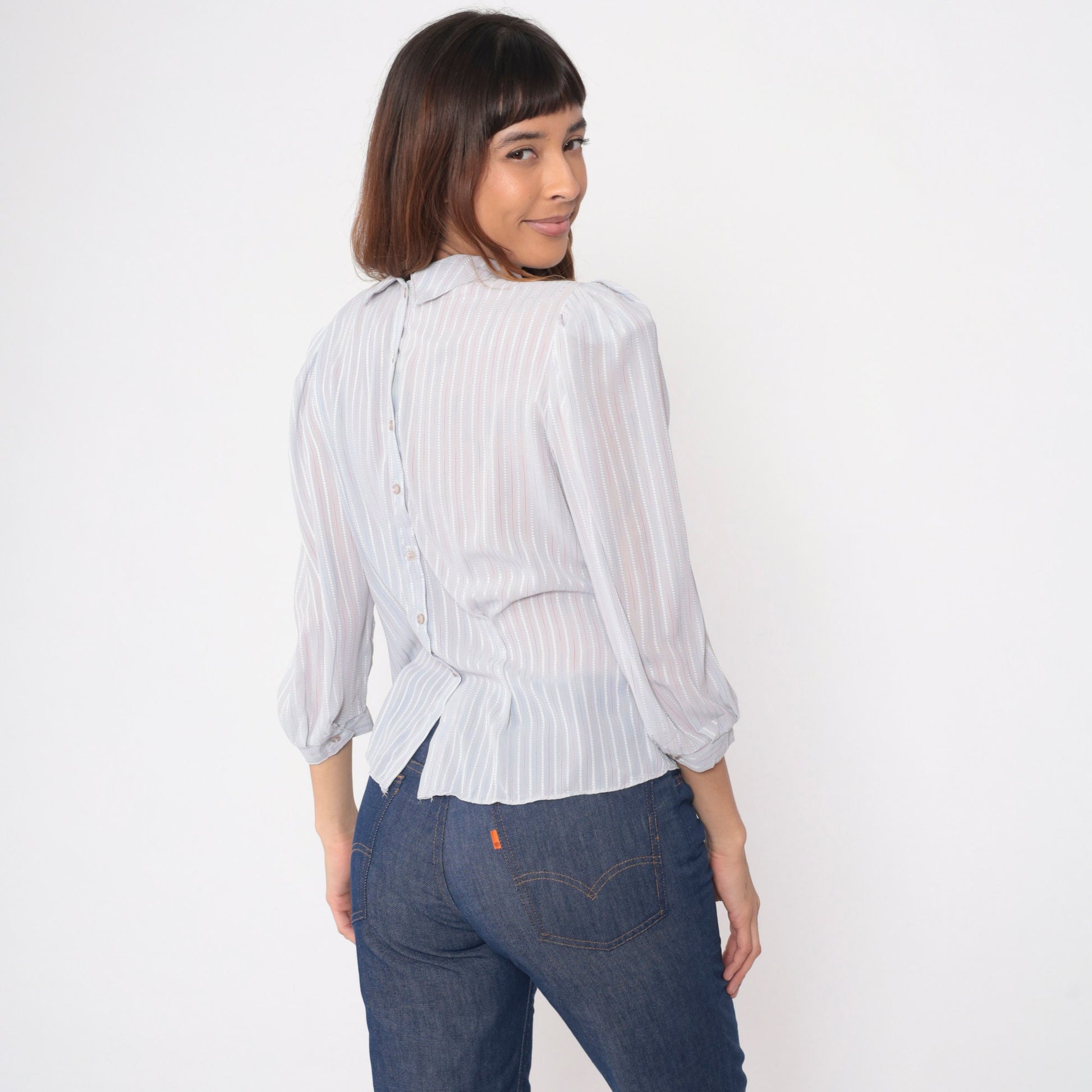 80s Pure Class Grey Pinstriped Puff Sleeve Blouse Button Back Medium