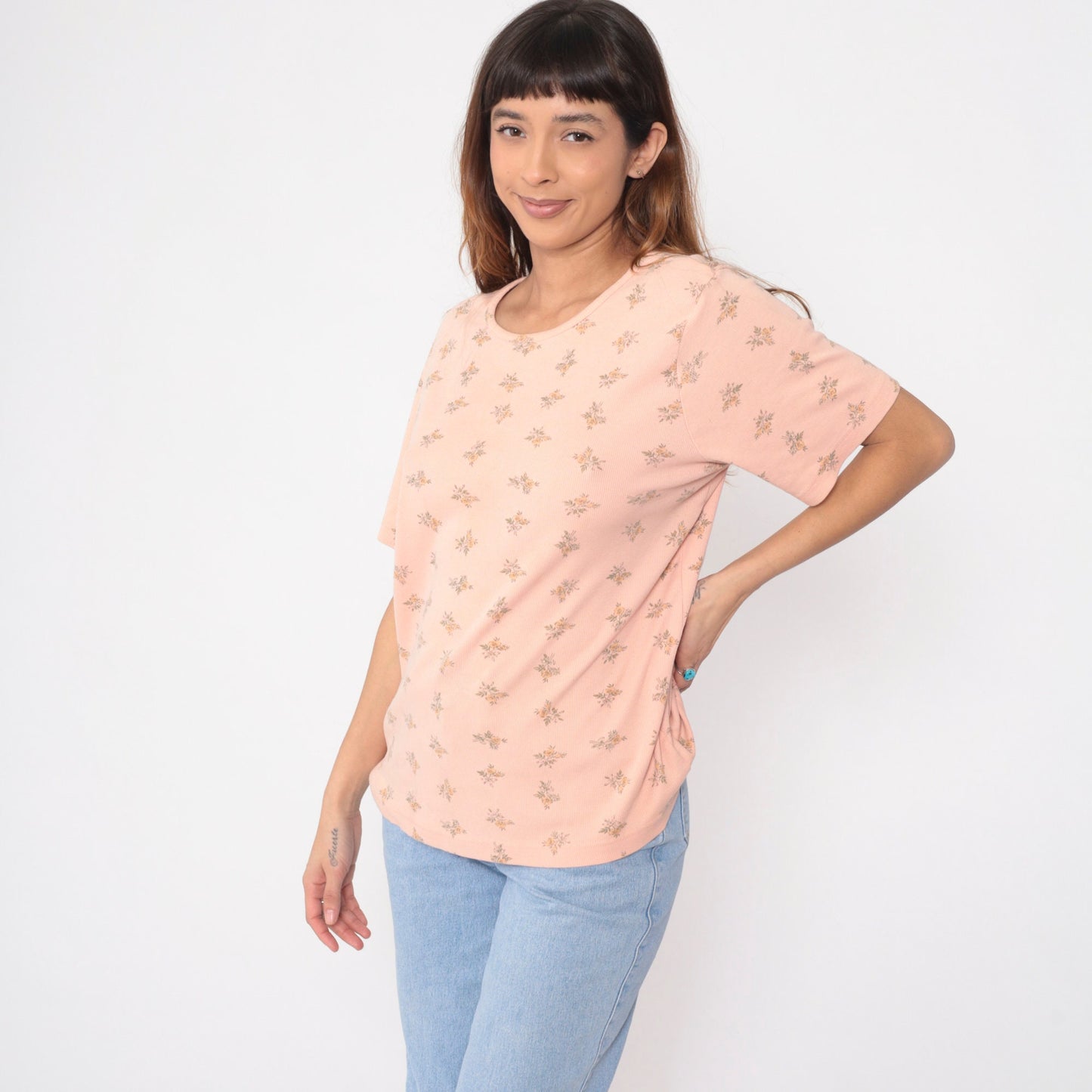 90s White Stag Peach Floral Graphic T-Shirt All Over Print Medium Large