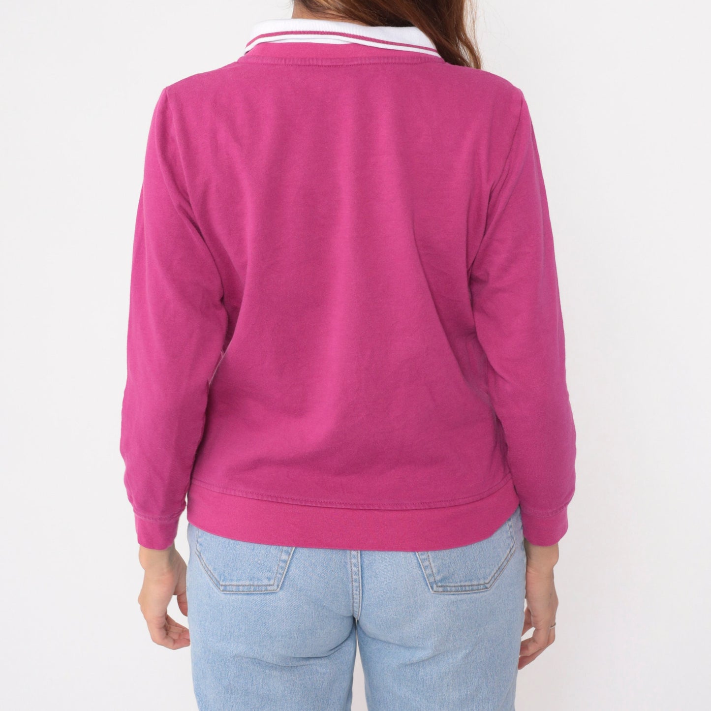 90s Butterfly Embroidered Sweatshirt Magenta Collared Graphic Medium