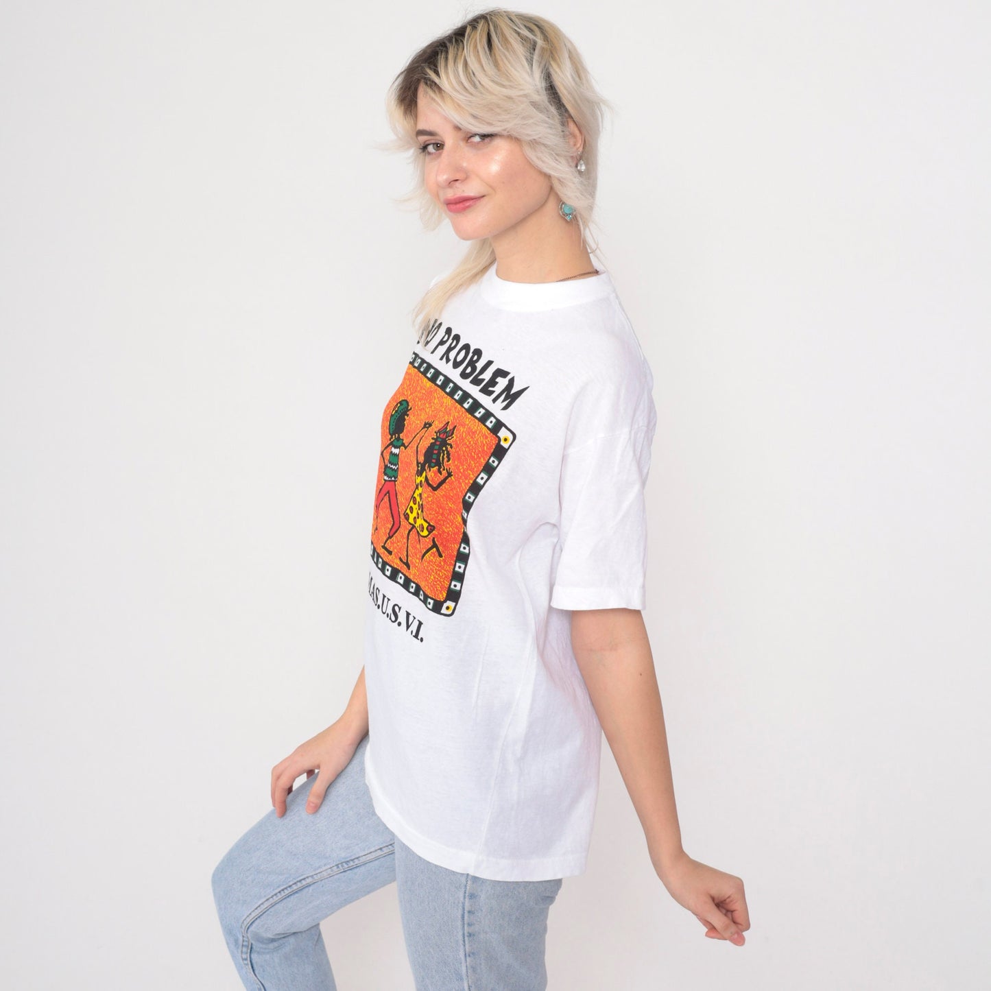 90s St Thomas Virgin Islands No Problem Rasta Graphic Tee White Cotton Medium