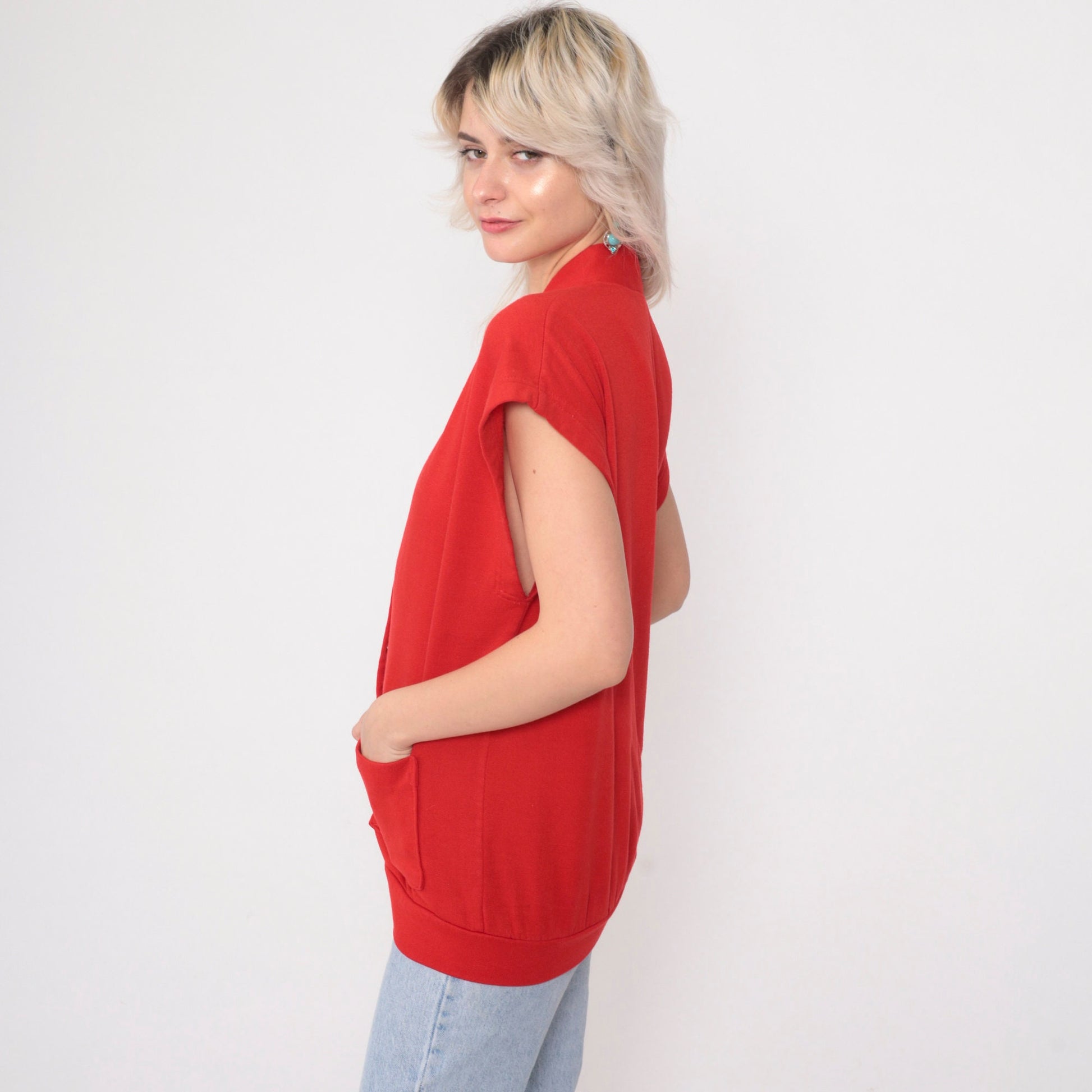 90s Red Sweatshirt Vest Button-Up V-Neck Cap Sleeve Medium M